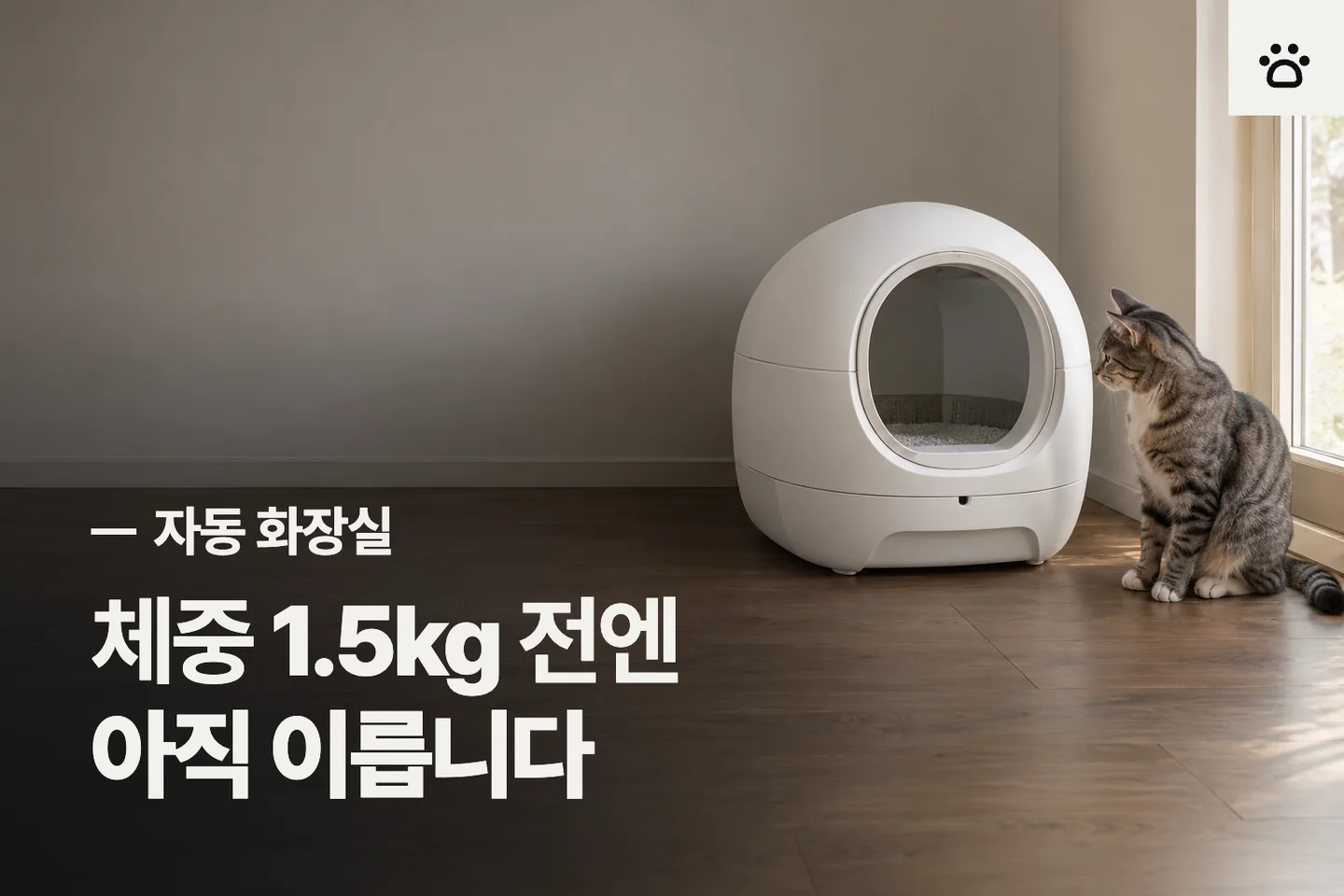 체중 1.5kg 전엔 아직 이릅니다 — 자동 화장실 썸네일 (사진은 AI로 만든 이해용 이미지)