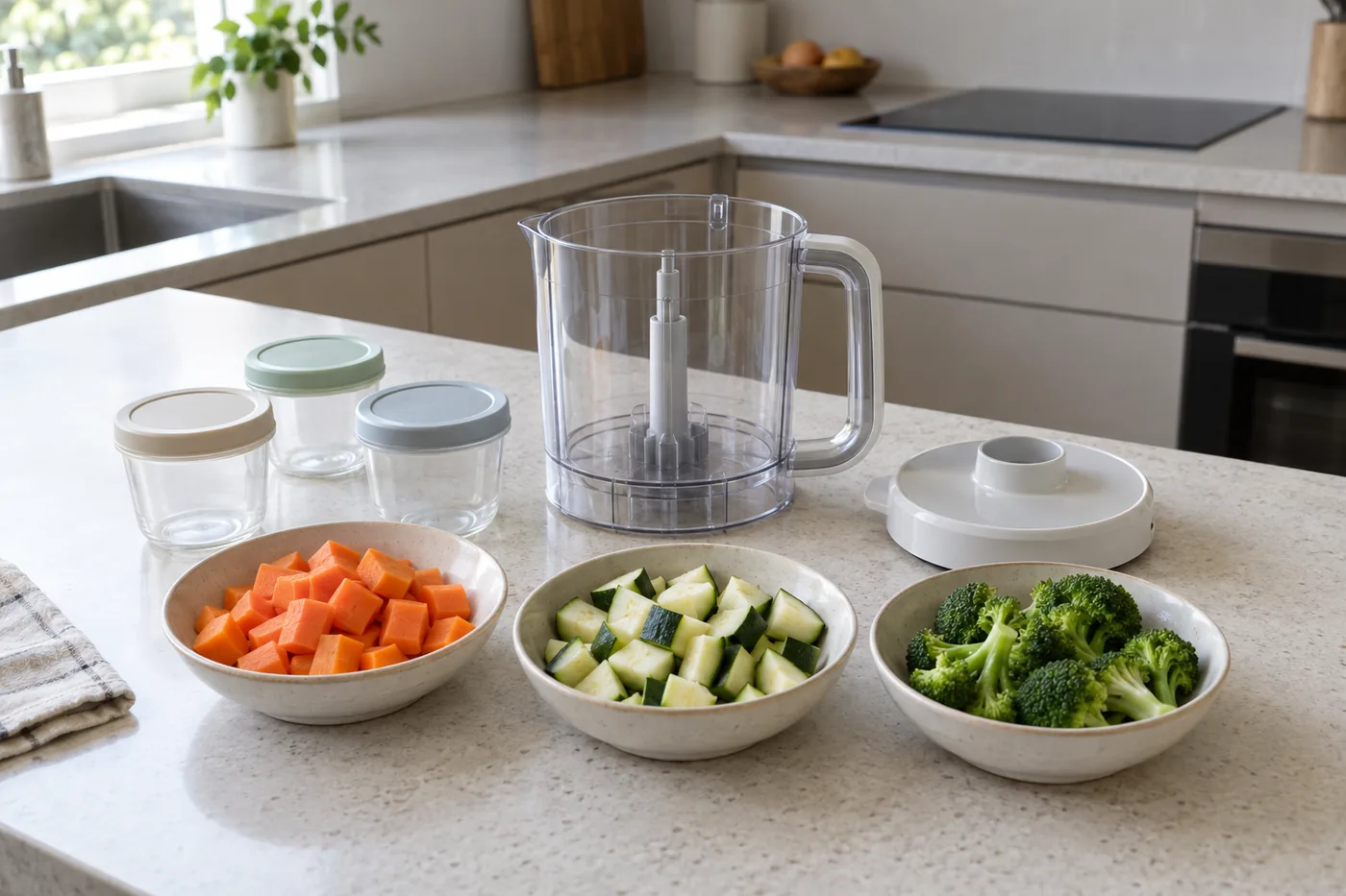 이유식 조리 용기와 소분 용기를 나란히 놓고 준비량을 살피는 장면