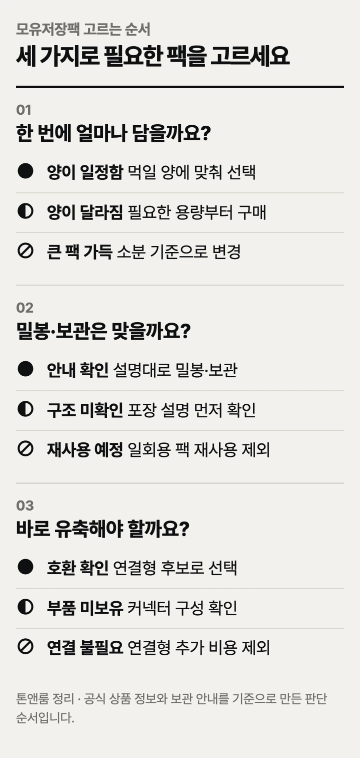 모유저장팩 고르는 순서: 보관량, 밀봉, 유축 호환