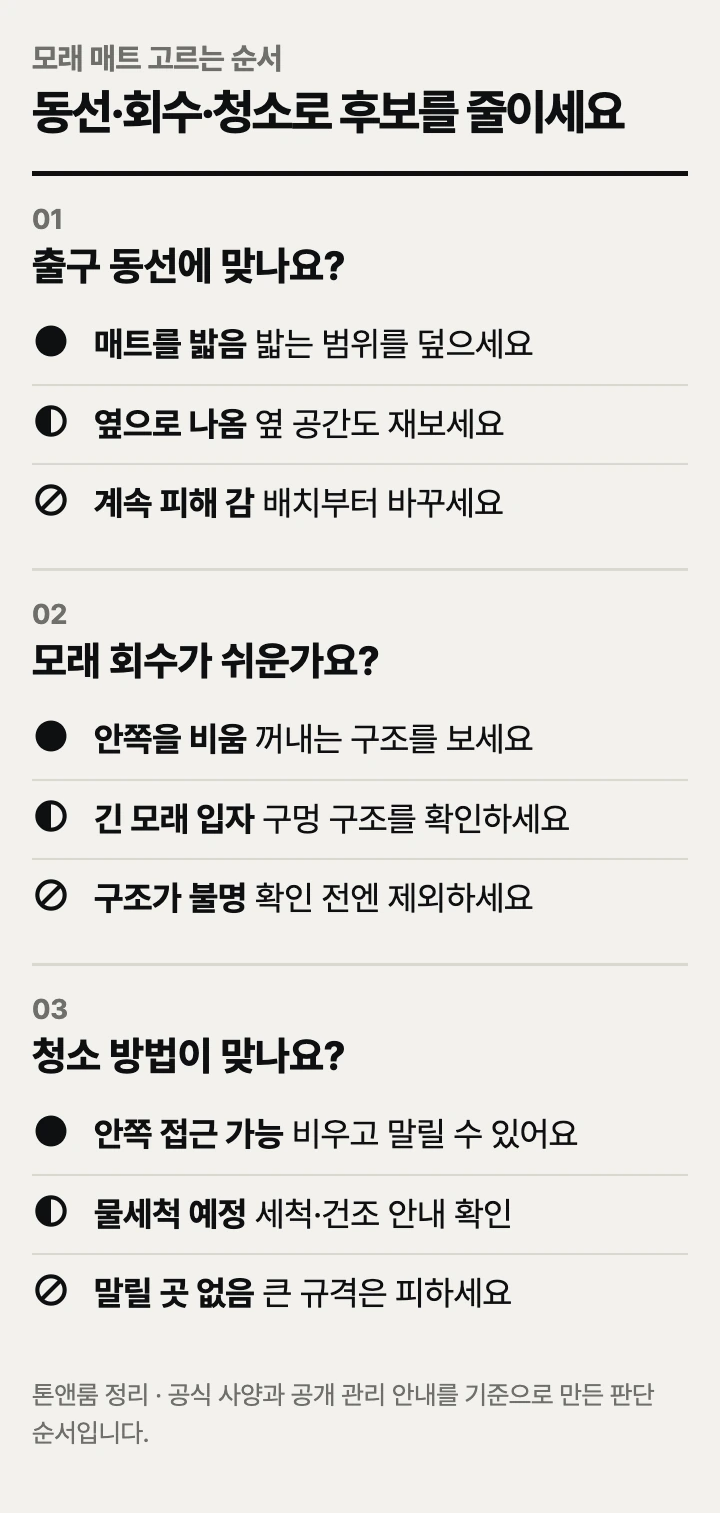 모래 매트 고르는 순서: 출구 동선, 모래 회수, 청소 방법