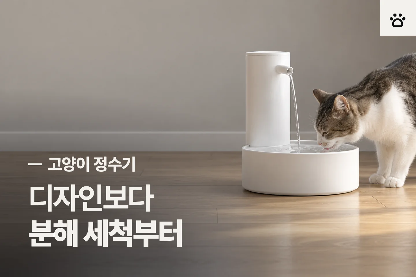 디자인보다 분해 세척부터 — 고양이 정수기 썸네일 (사진은 AI로 만든 이해용 이미지)