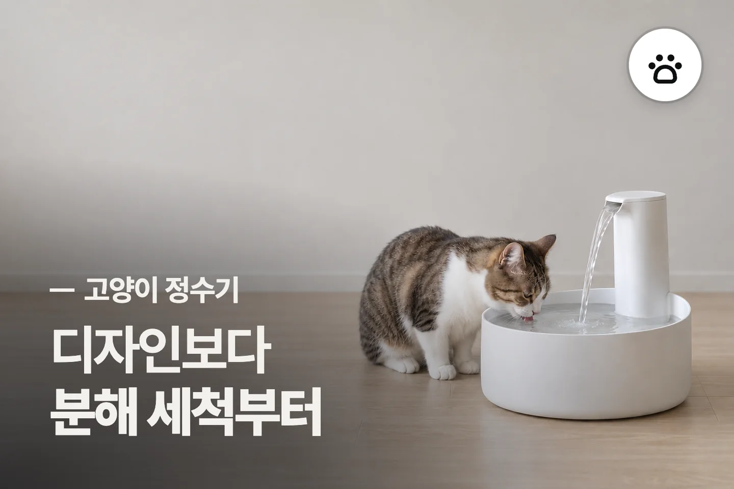 디자인보다 분해 세척부터 — 고양이 정수기 썸네일 (사진은 AI로 만든 이해용 이미지)