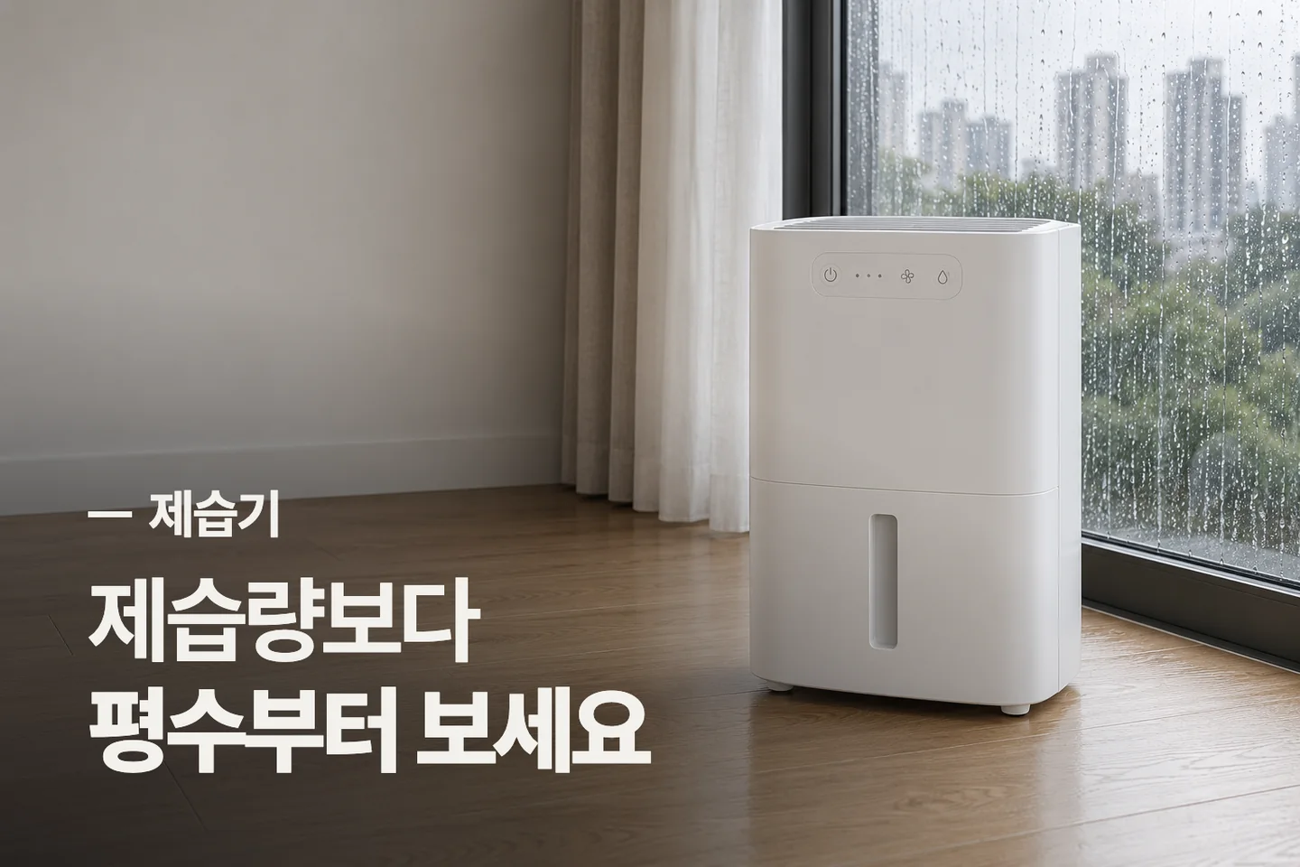 제습량보다 평수부터 보세요 — 제습기 썸네일 (사진은 AI로 만든 이해용 이미지)