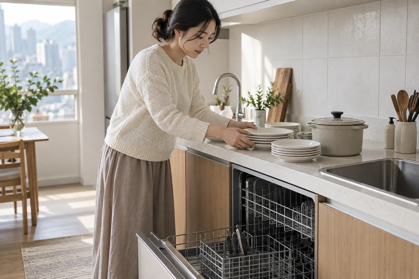싱크대 옆에서 접시와 냄비의 크기를 비교하며 식기세척기 선반에 넣을 양을 가늠하는 장면