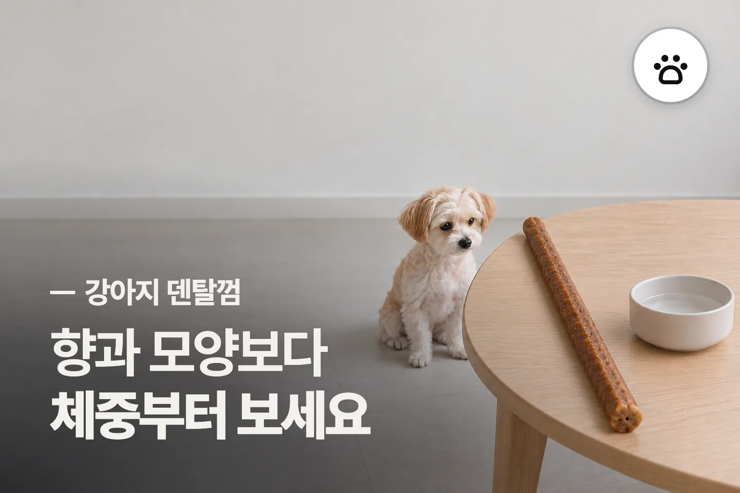 향과 모양보다 체중부터 보세요 — 강아지 덴탈껌 썸네일 (사진은 AI로 만든 이해용 이미지)