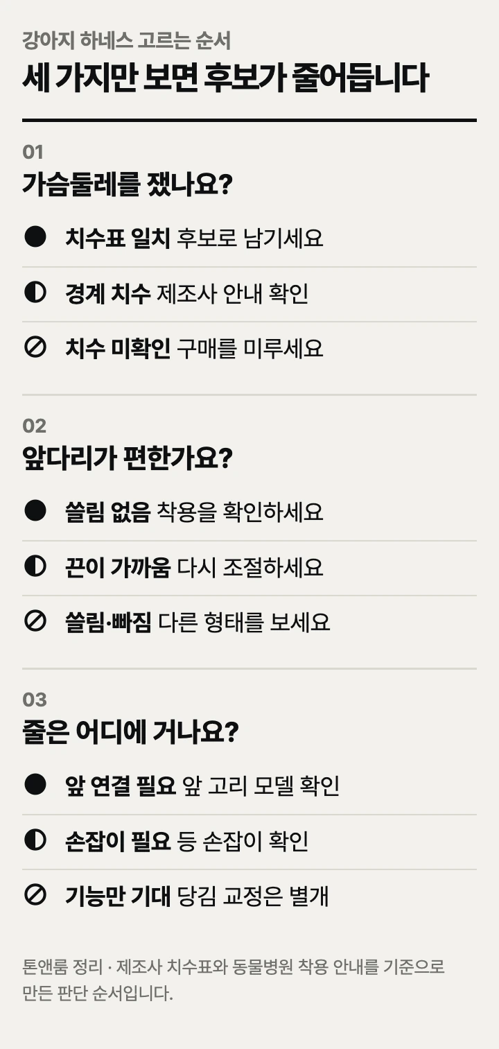 강아지 하네스 고르는 순서: 가슴둘레, 착용 상태, 줄 연결 방식