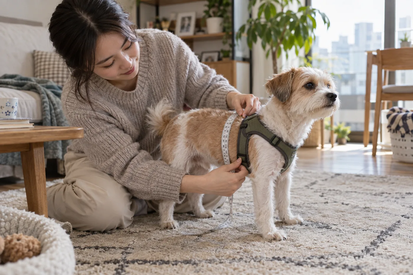 보호자가 강아지의 갈비뼈에서 가장 넓은 곳을 줄자로 재고 하네스 끈이 앞다리를 쓸지 확인하는 장면