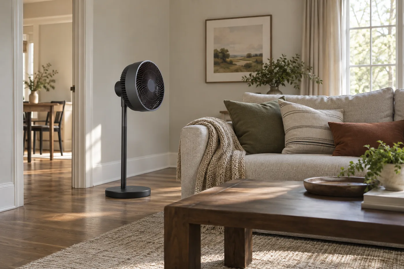 A generic pedestal fan beside a living-room couch with its base clear of a doorway and its head aimed toward the seating area