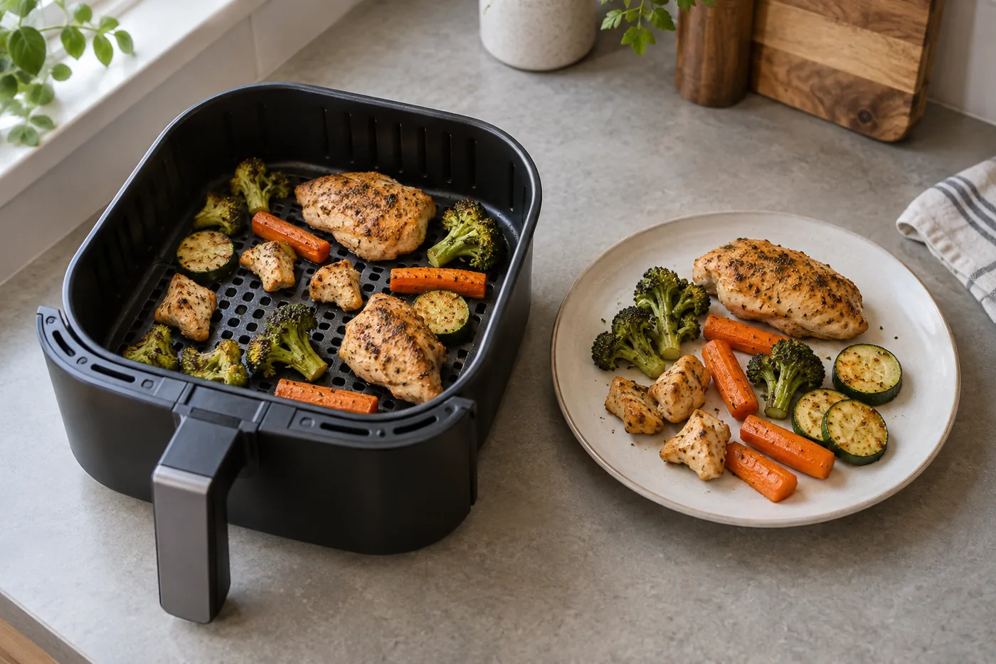 A removable air fryer basket beside a dinner plate, with vegetables and chicken pieces arranged to explain meal fit on an American kitchen counter