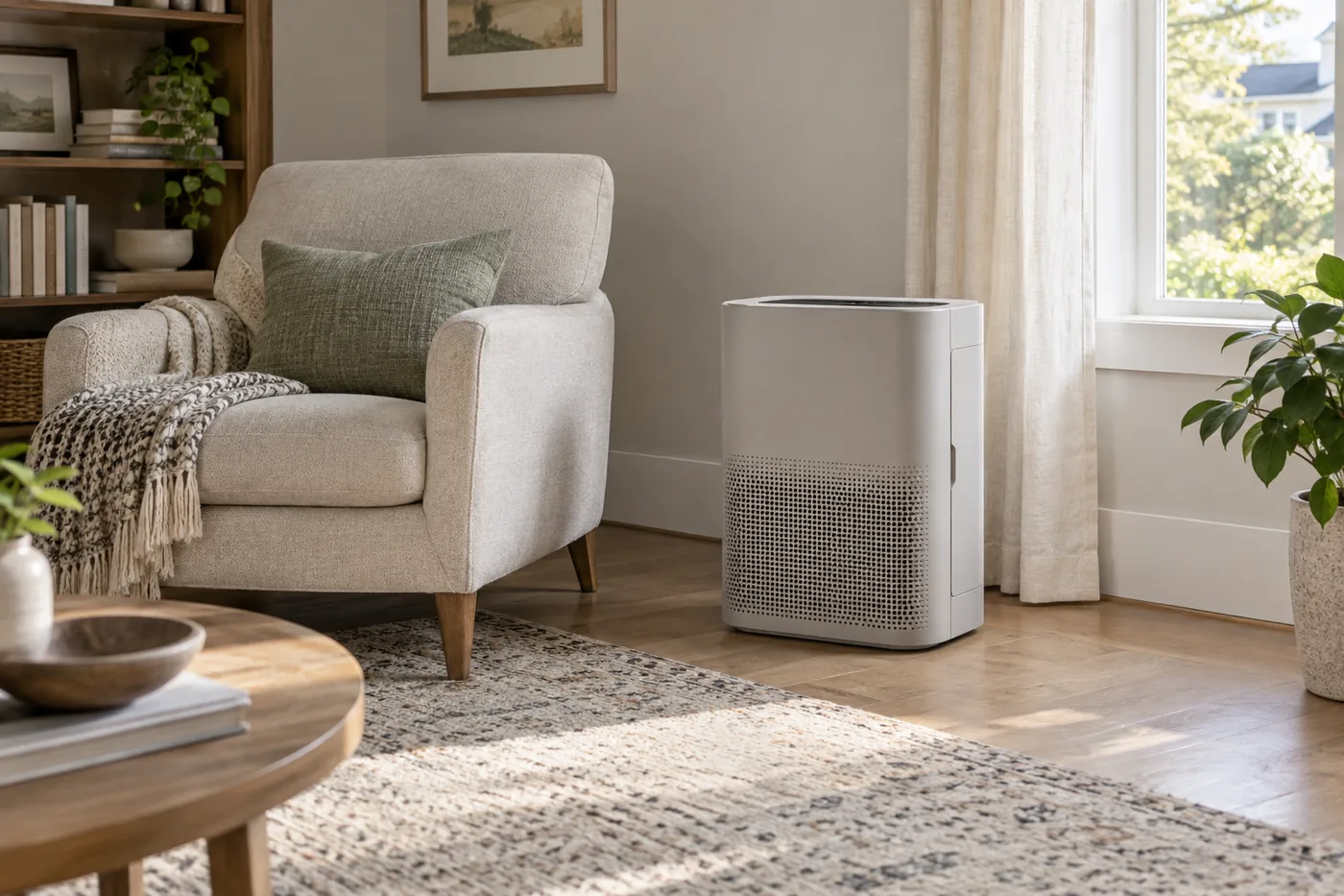 An unbranded air purifier beside a chair in an American living room, with curtains clear of its intake and space to reach the filter panel