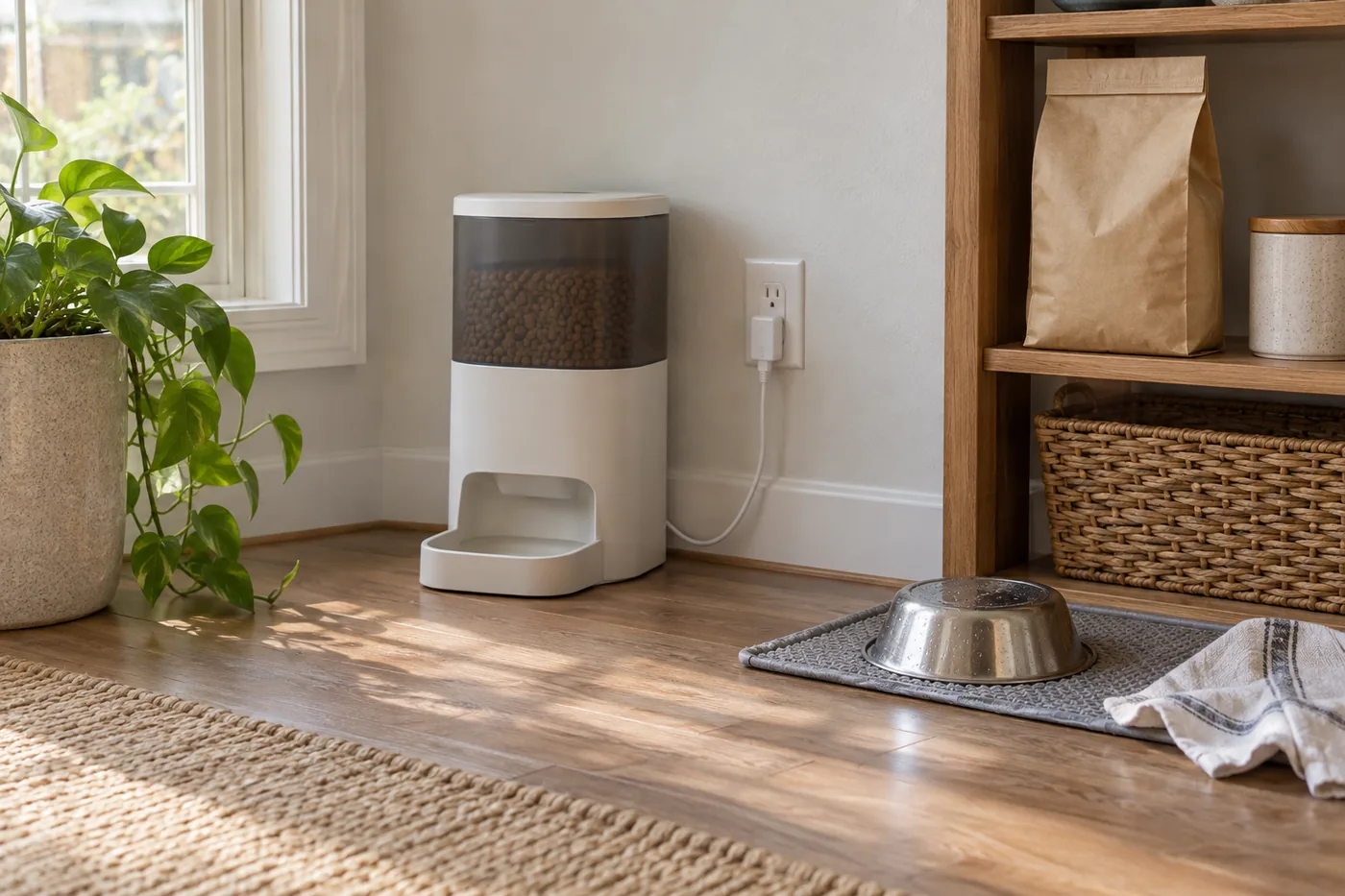 A generic automatic cat feeder beside an outlet, with its removable bowl drying on a mat in an American kitchen