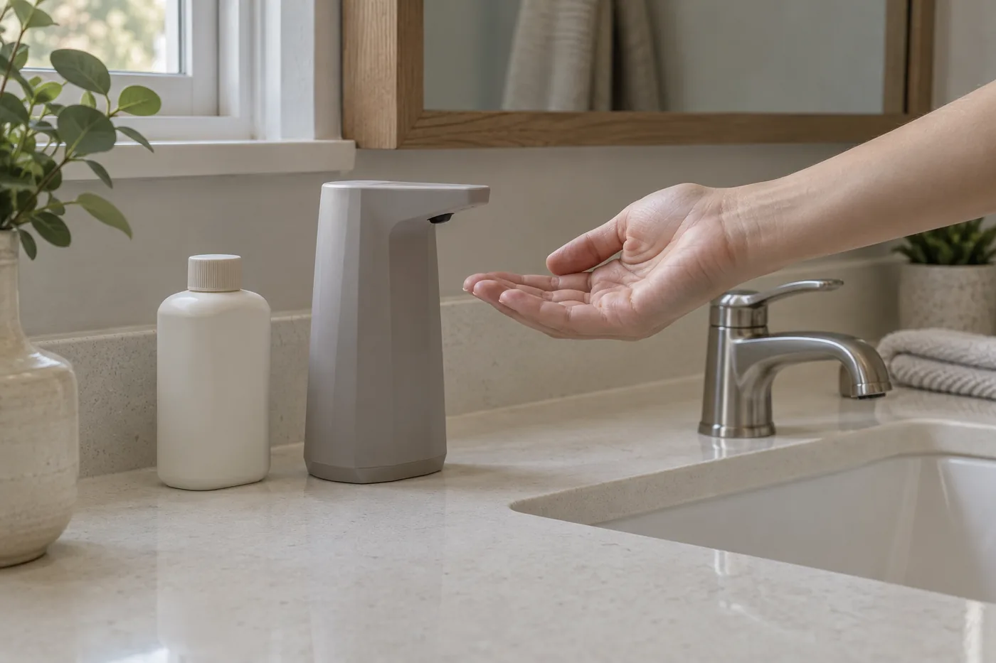 A generic automatic soap dispenser beside a bathroom sink, with an adult hand under the spout and clear space around the faucet