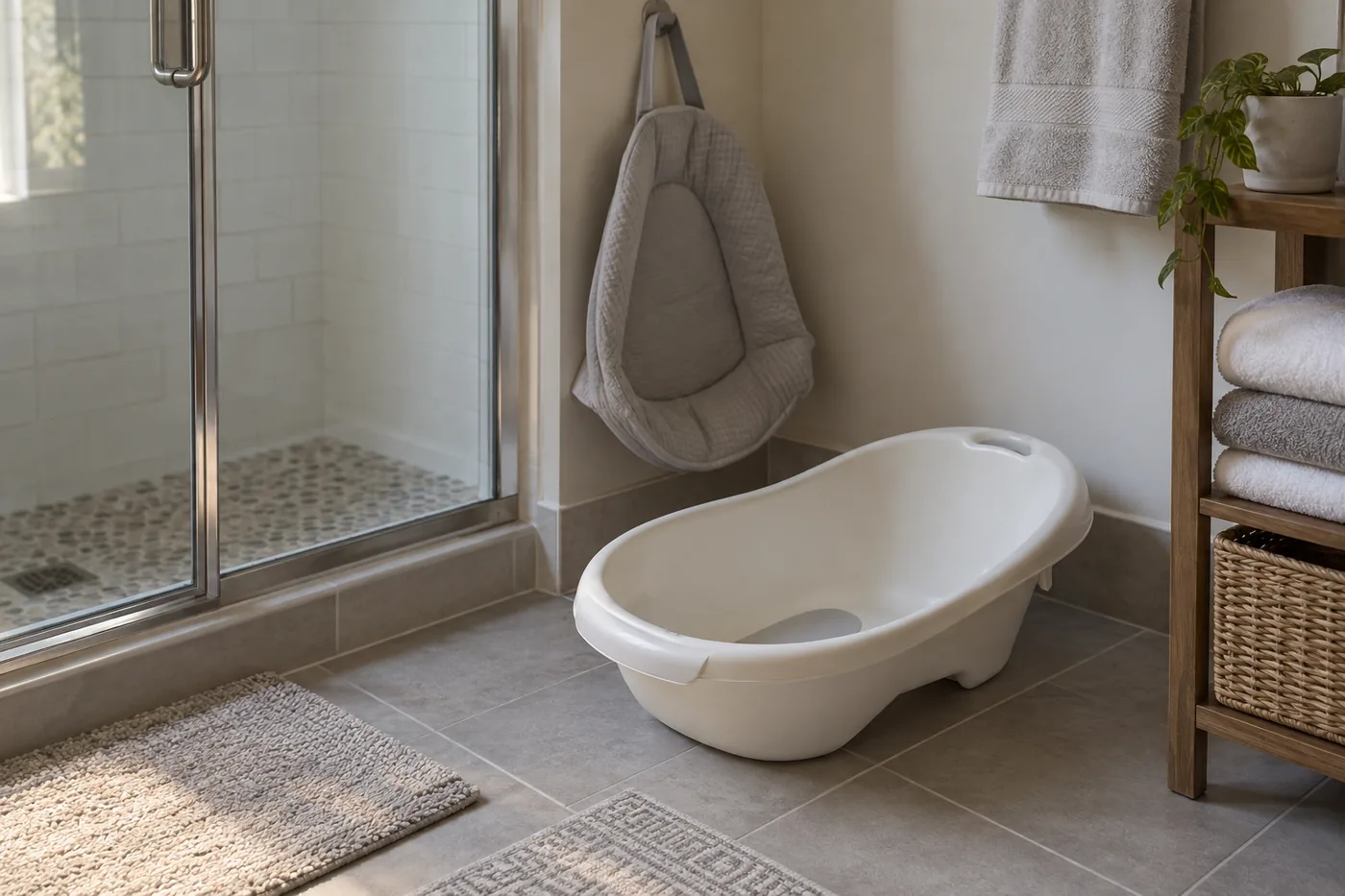 An empty baby bathtub and separate fabric insert drying beside a shower in a small American bathroom
