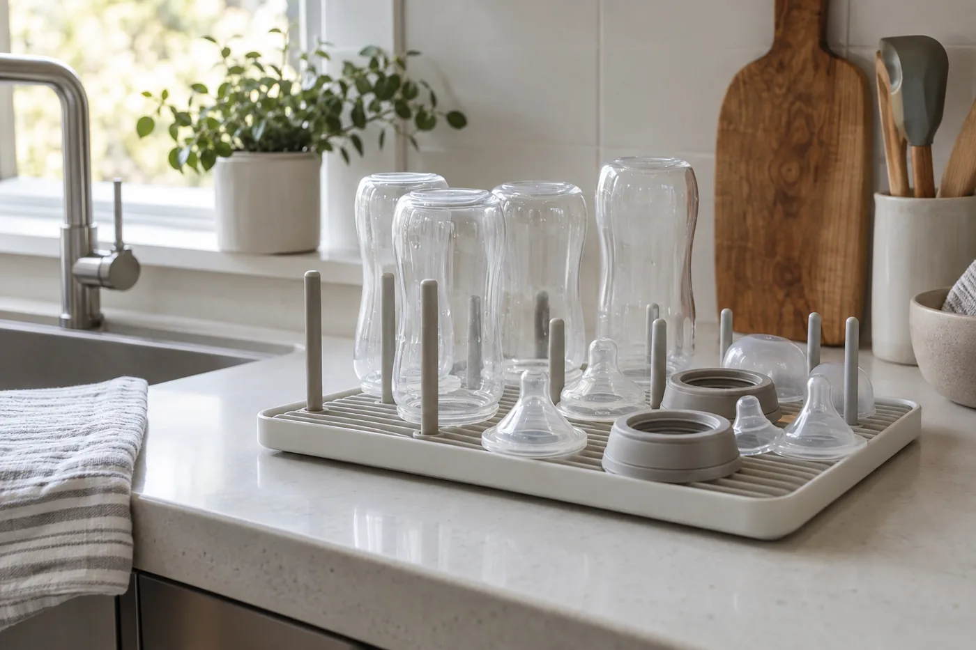 Disassembled generic baby bottles on a clean drying rack in an American kitchen, with separate nipples and collars and no baby present