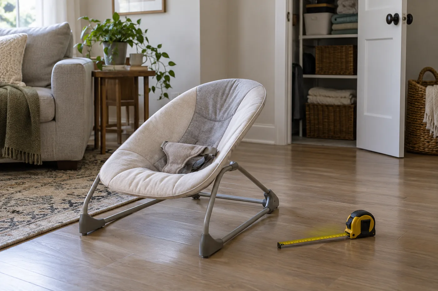 An empty generic baby bouncer on a clear living room floor, with a tape measure and a nearby storage closet