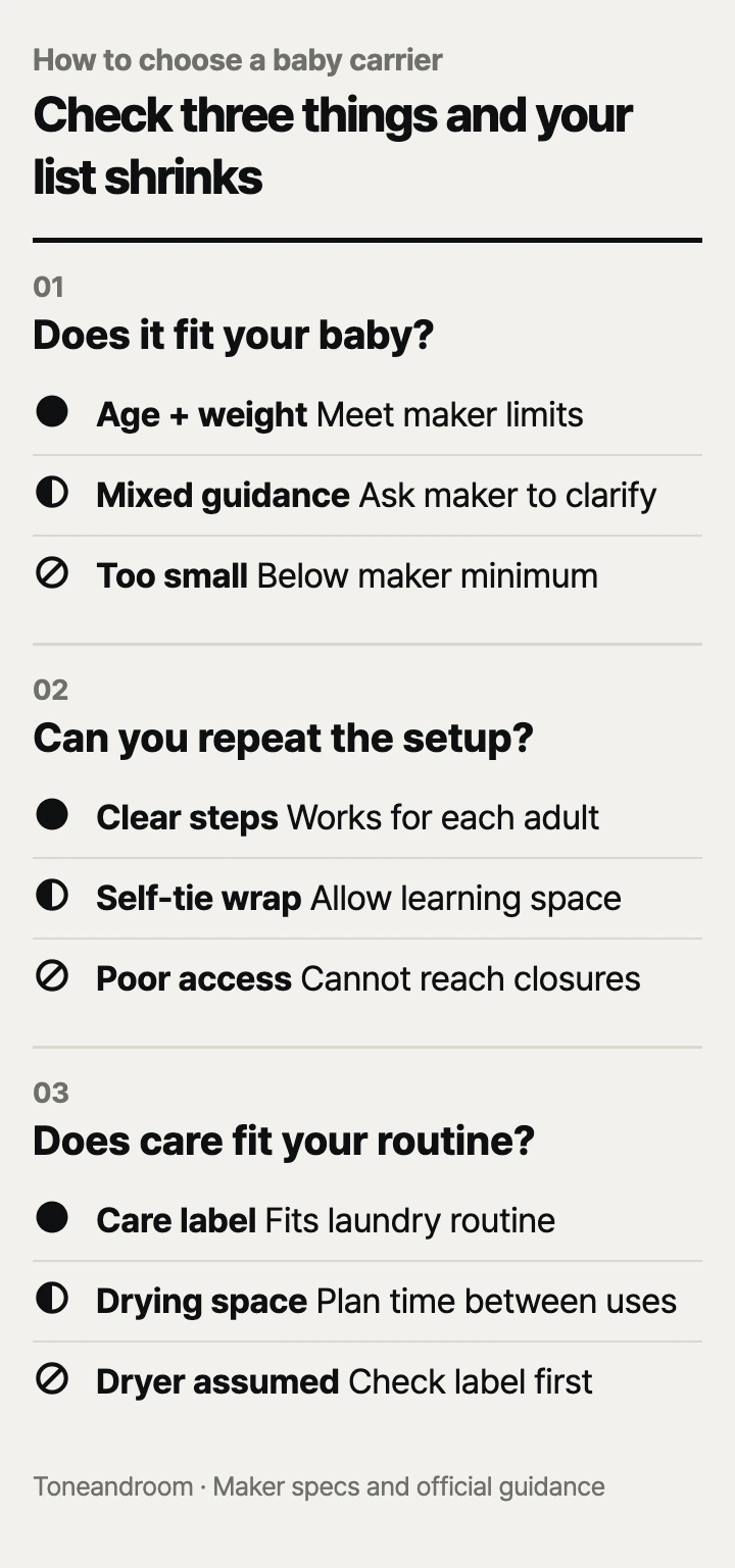 How to choose a baby carrier: baby fit, caregiver setup, wash care