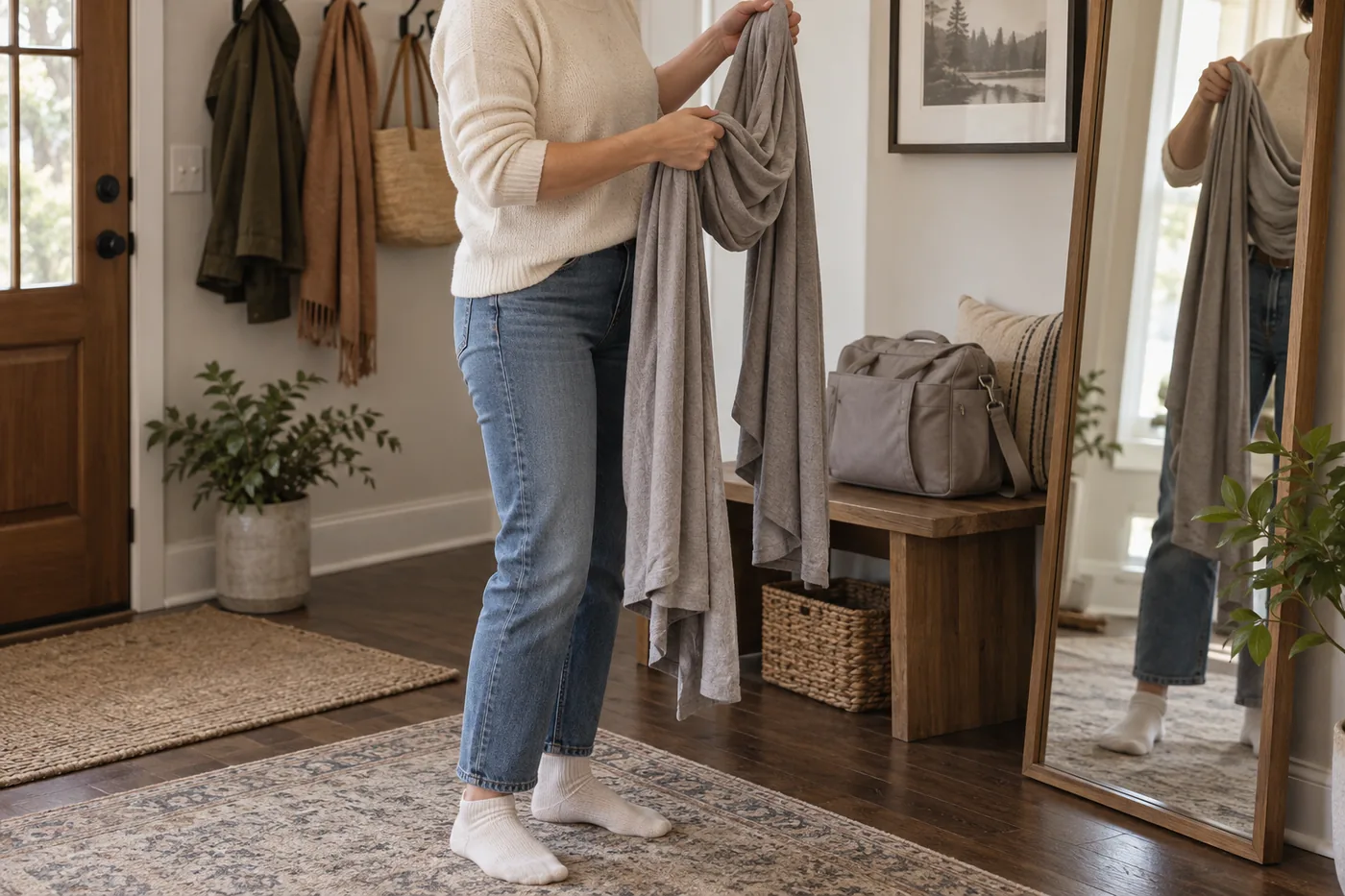 A caregiver arranging an unbranded baby wrap beside an entryway mirror, with a diaper bag on a bench