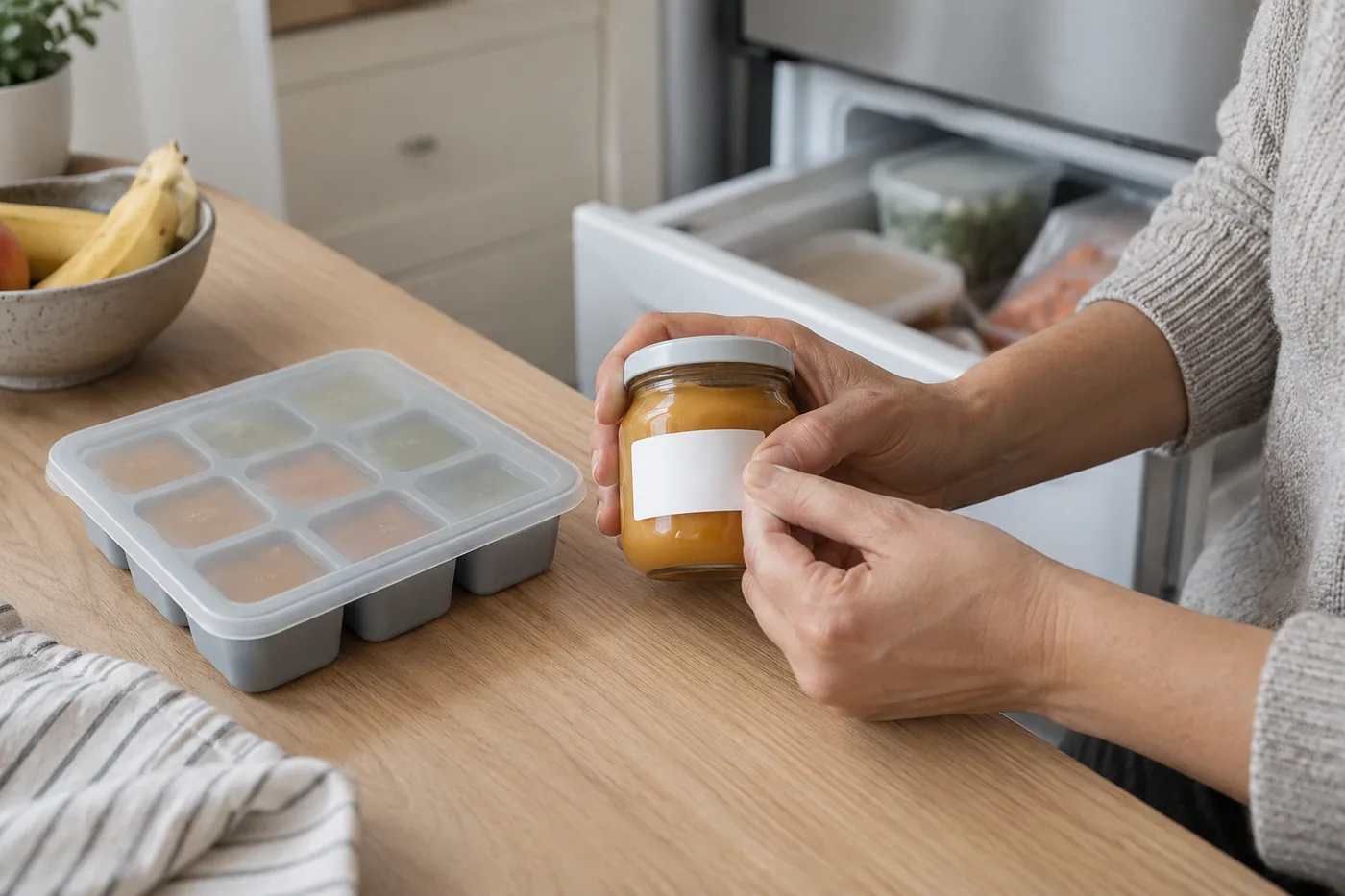 Labeled baby food jars beside a covered silicone tray on a clear shelf in an American kitchen freezer
