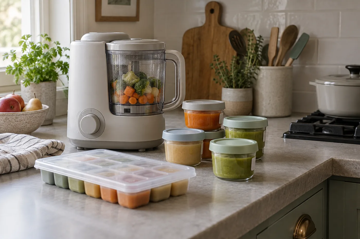 An unbranded baby food maker beside dated puree containers and a covered freezer tray in an American apartment kitchen