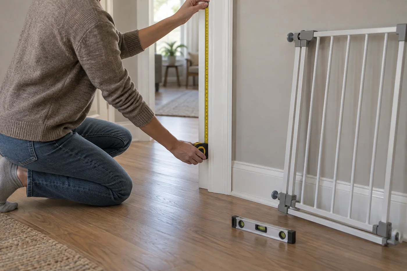 An adult measuring a level hallway opening beside white baseboard trim in an American home, with an unbranded baby gate nearby