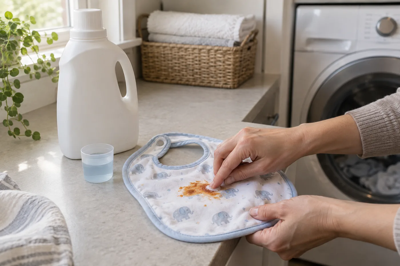 A compact American laundry room with a plain detergent bottle, a measuring cap, and a stained baby bib beside the washer
