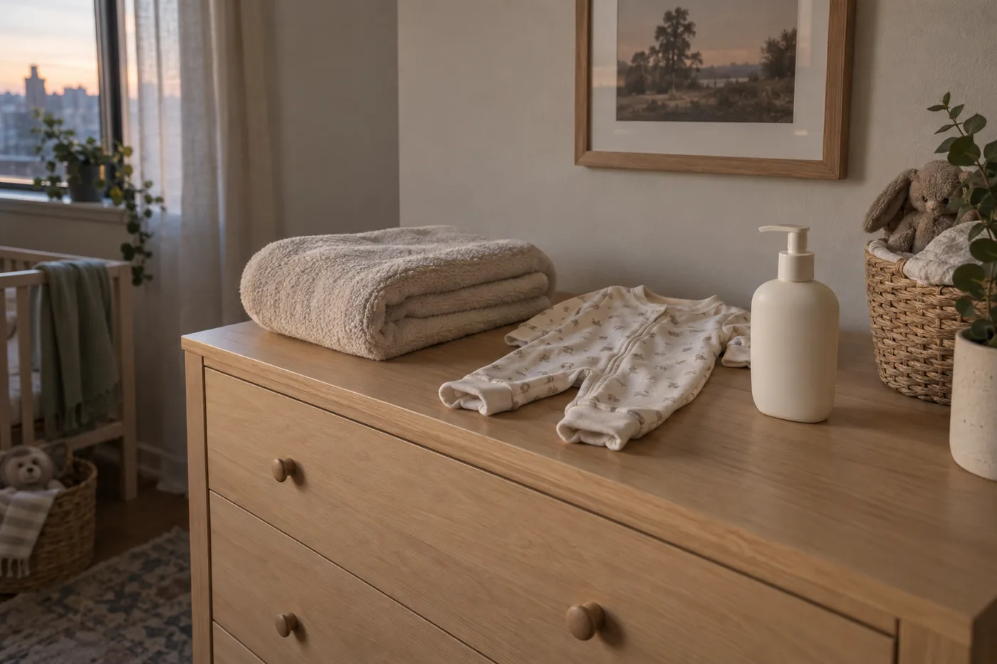 An unbranded lotion bottle beside a folded towel and baby pajamas on a dresser in an American home