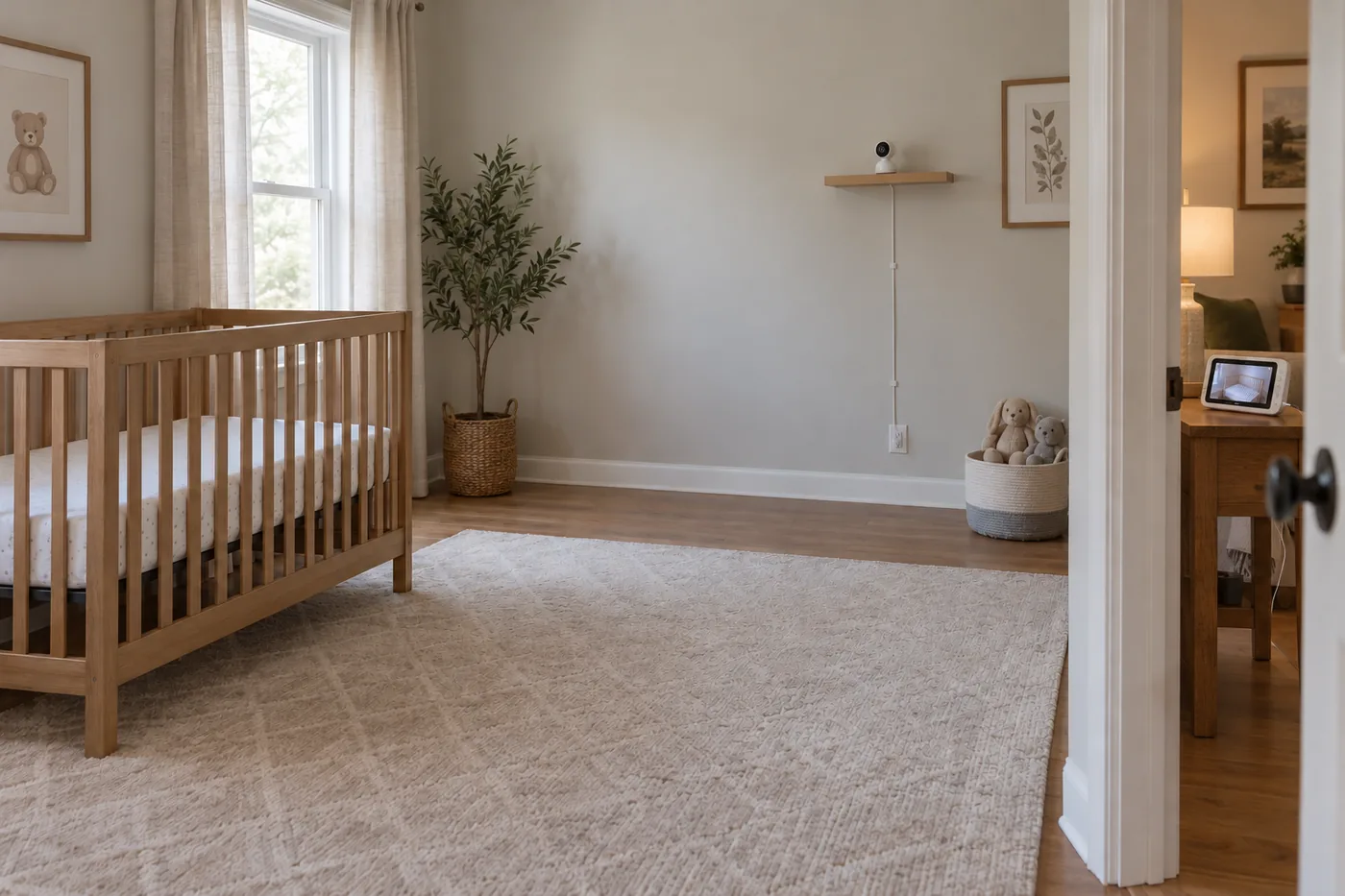 An empty nursery with a camera on a distant shelf and a parent screen charging in the adjoining room