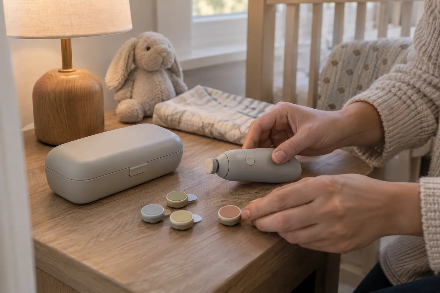 A caregiver arranging an unbranded baby nail file, its labeled pads, and a lamp on a nursery side table
