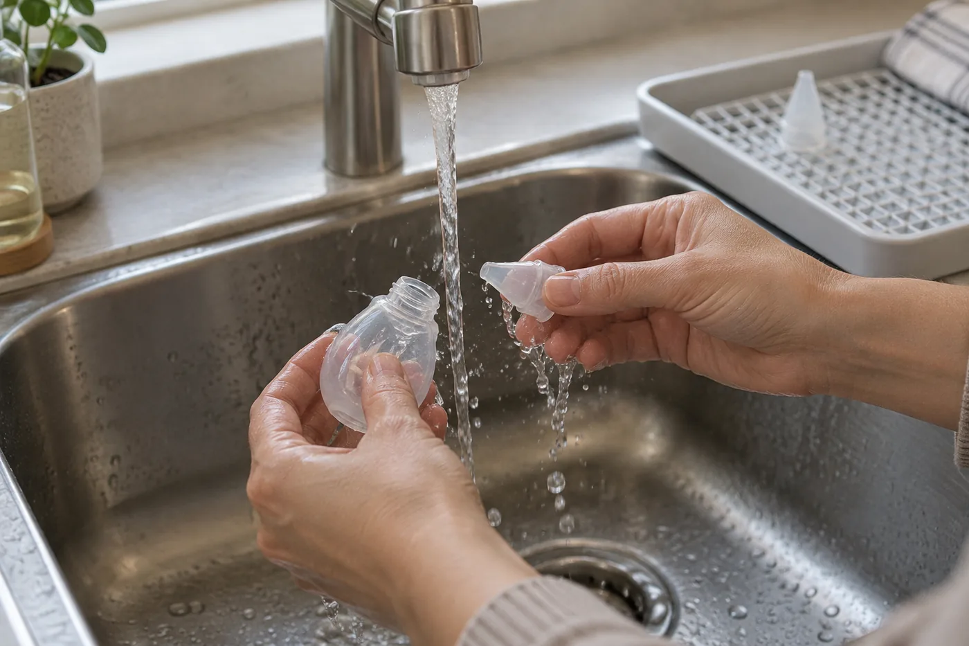 An adult washing the separated parts of a generic clear silicone nasal bulb beside a kitchen drying tray