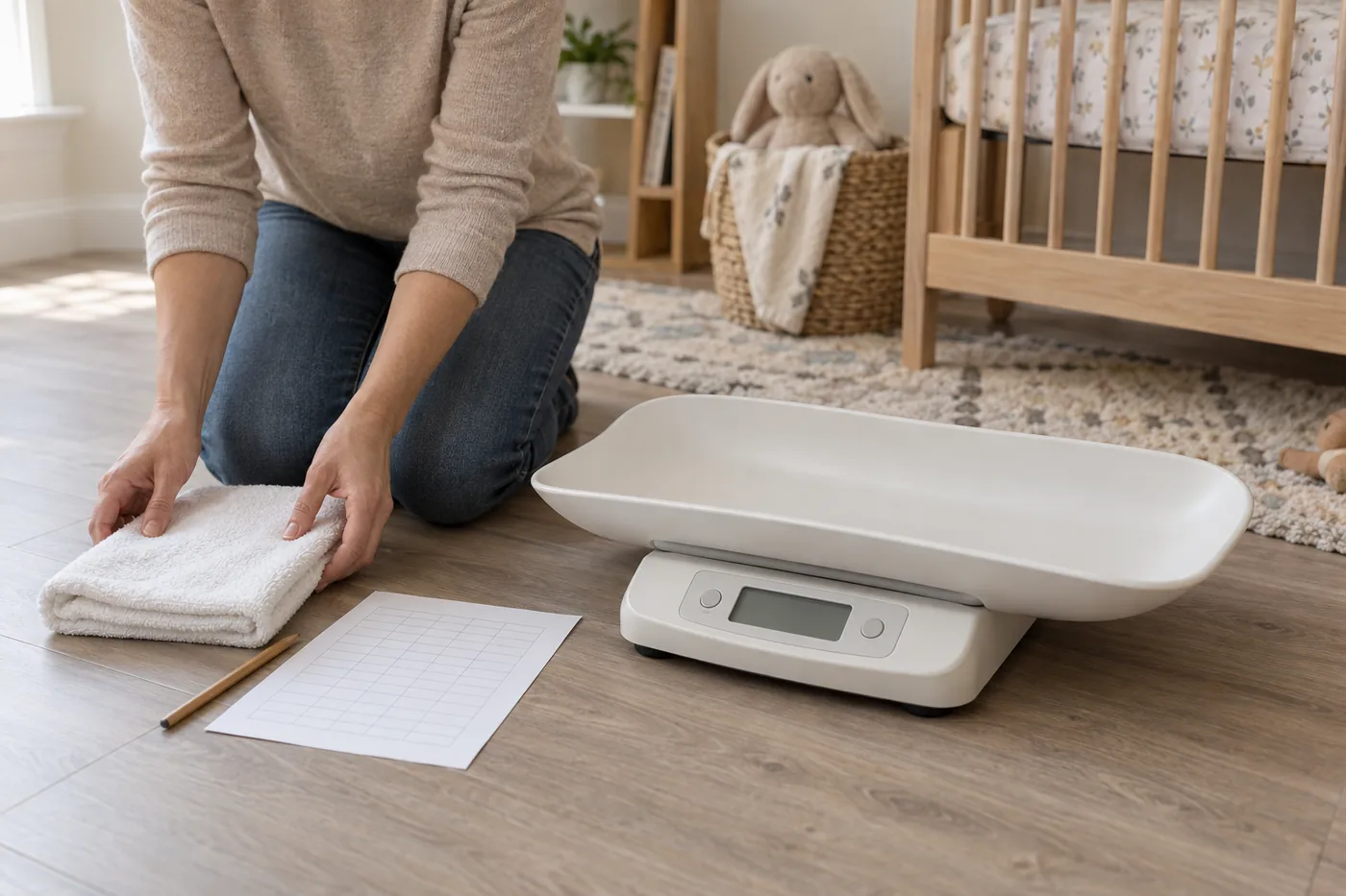 An adult preparing an empty baby scale on a hard nursery floor beside a folded towel and a weight log