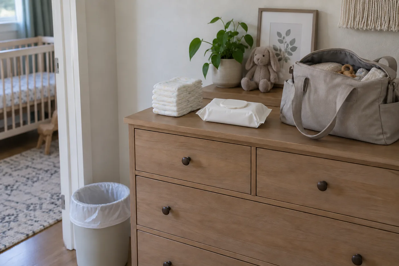 A closed baby wipe pouch beside diapers and a diaper bag on a nursery dresser in an American home