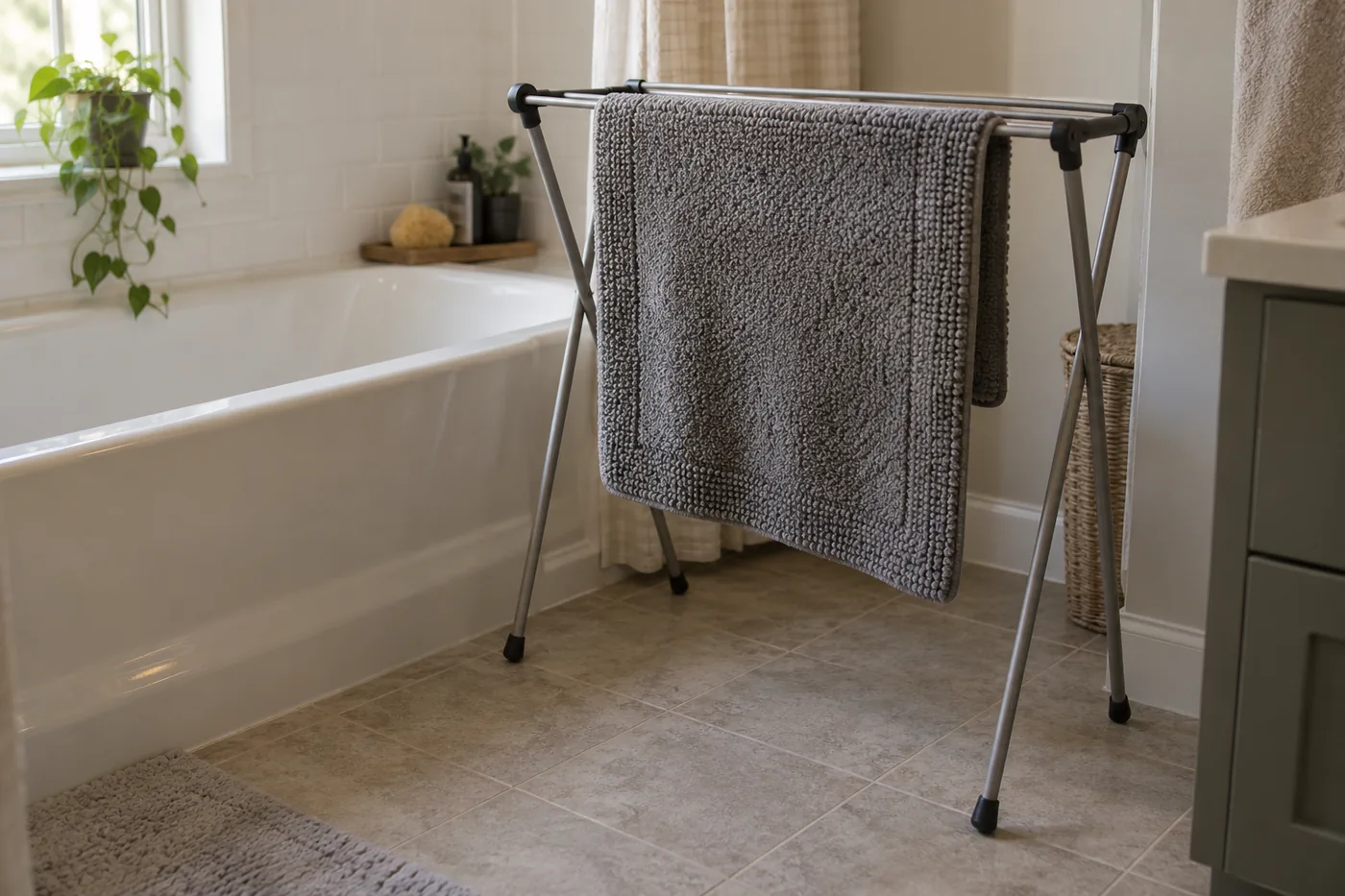 An unbranded bath rug hanging on a drying rack beside a tub in a small American bathroom