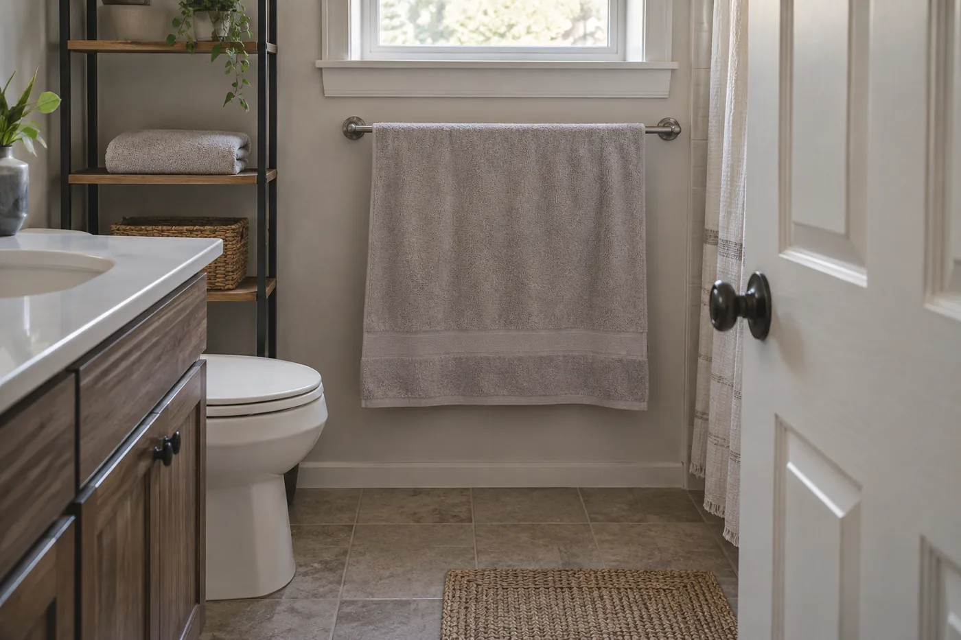 An unbranded bath towel spread across its own bar in a small American apartment bathroom, with a separate dry towel on an open shelf