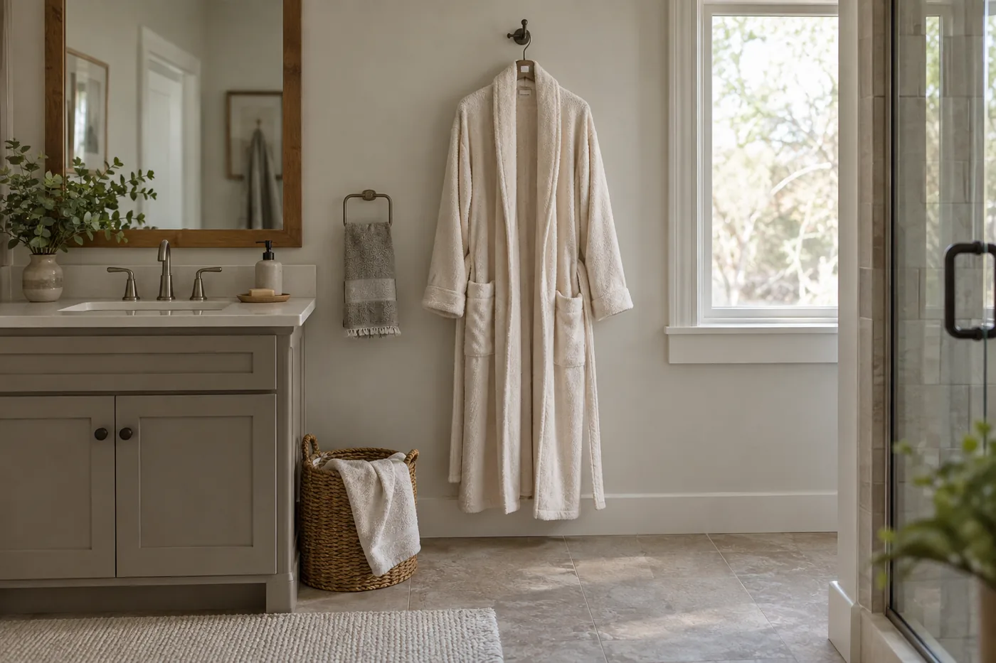 An unbranded bathrobe hanging open beside a compact American bathroom vanity, with a towel and laundry basket nearby