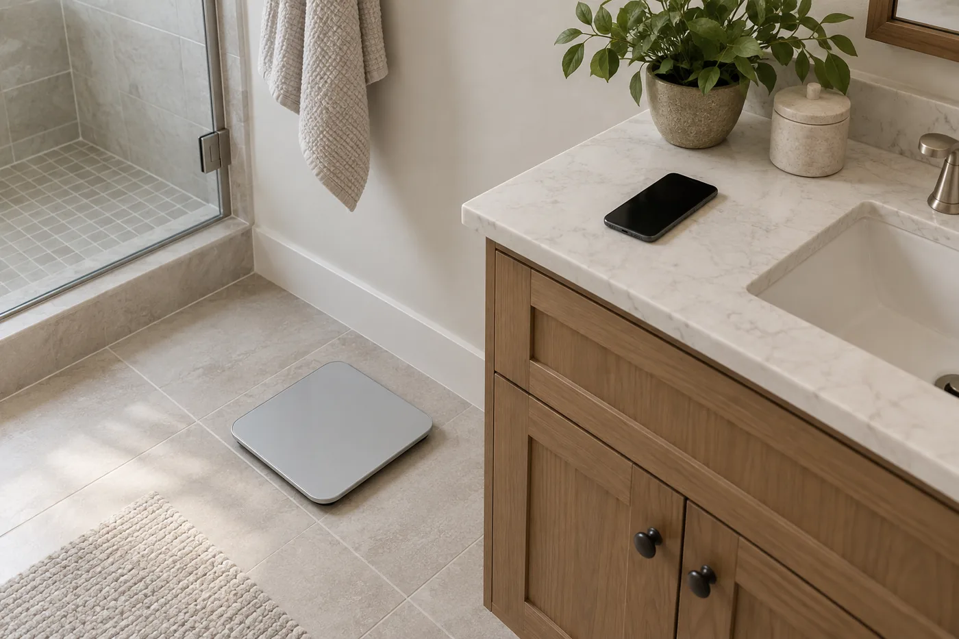 A generic digital scale on a clear dry tile floor beside a bathroom cabinet, with a phone resting on the counter