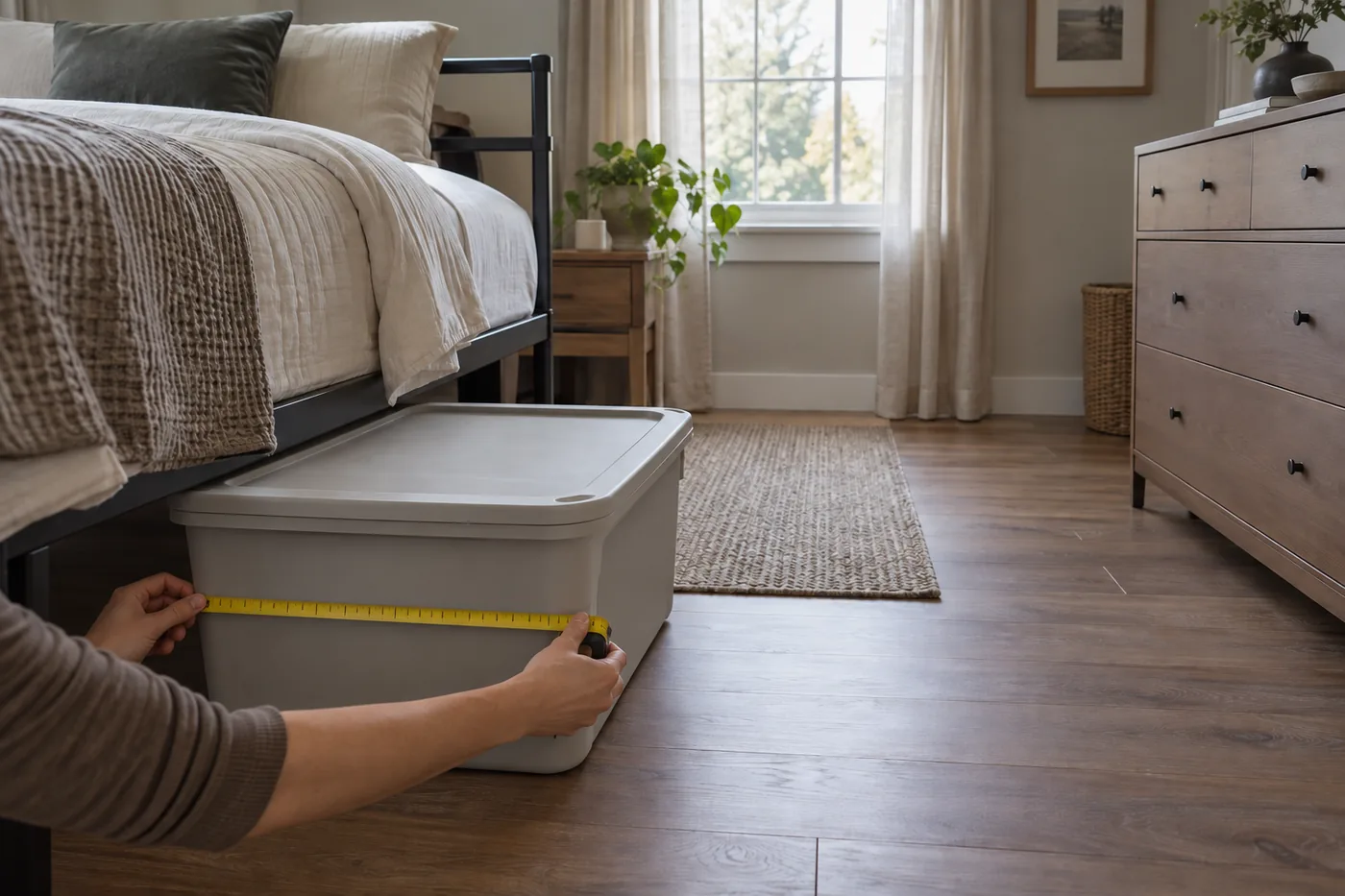 A compact American bedroom with a plain metal bed frame, a tape measure beside a lidded storage bin, and clear access to the dresser