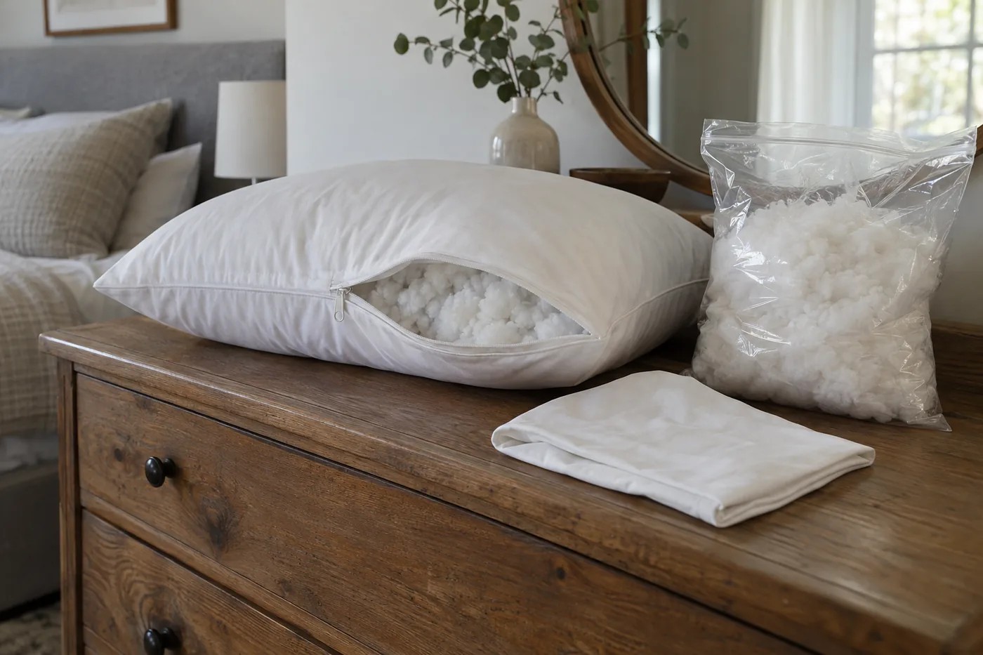 An adjustable bed pillow beside a sealed fill bag and a plain pillowcase on an American bedroom dresser