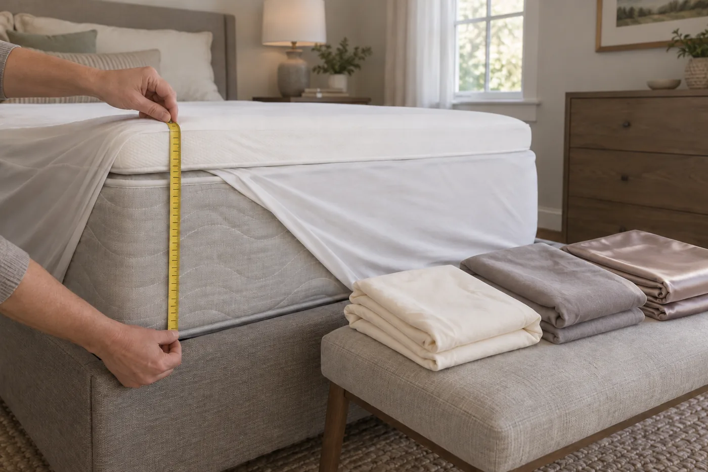 A queen mattress with a topper and protector beside folded cotton, microfiber, and satin sheets in a calm American bedroom