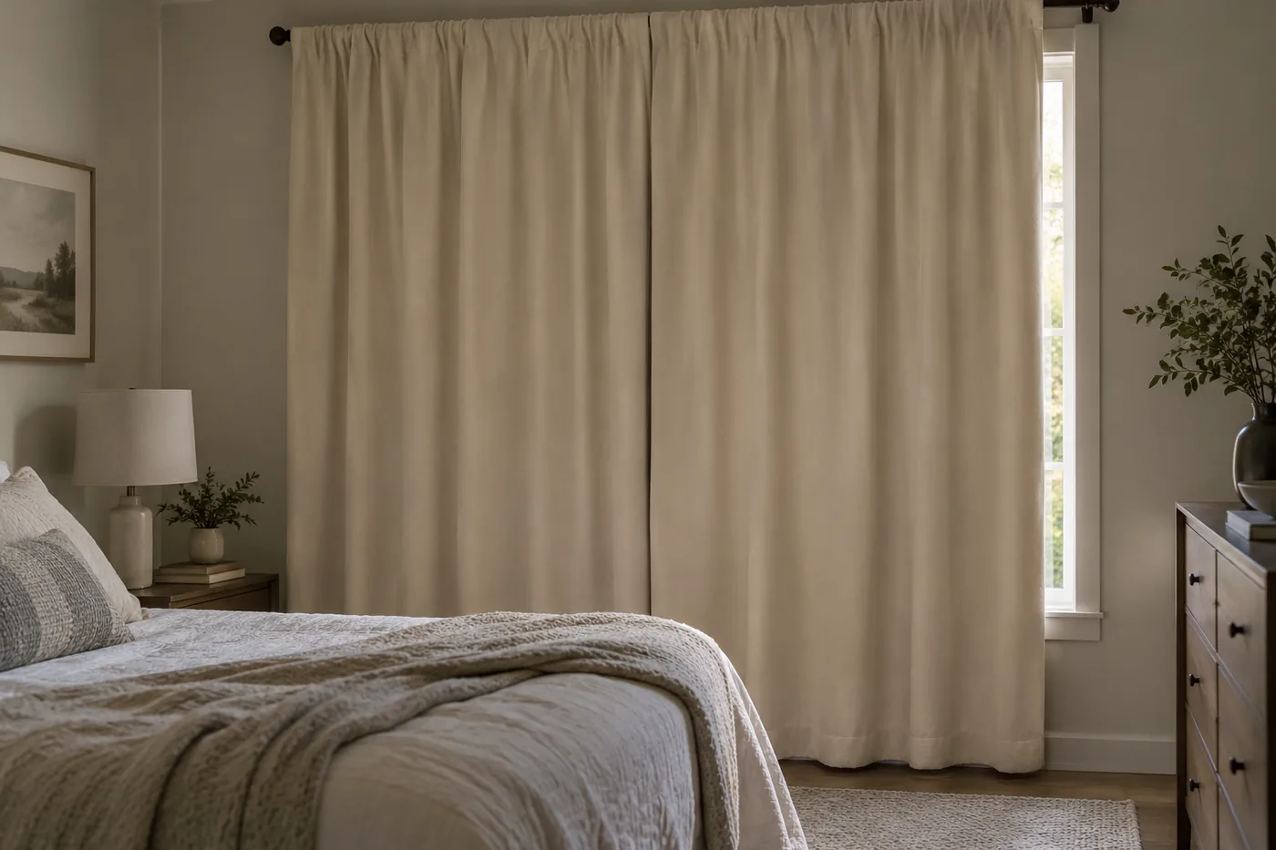 A cream blackout curtain overlapping at the center of a bedroom window, with a narrow strip of daylight visible at one side