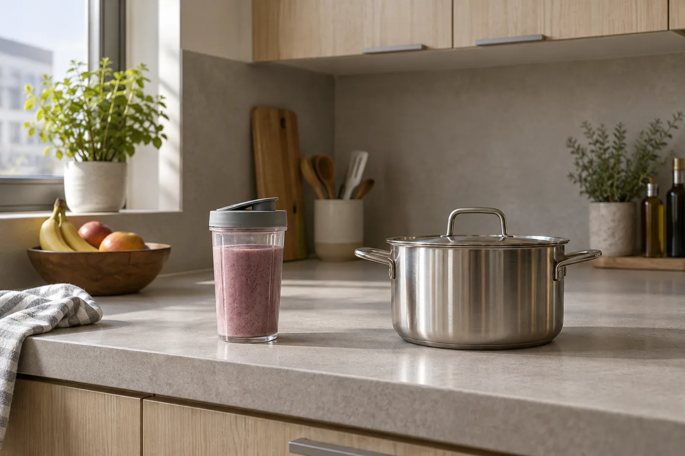 A personal smoothie cup and a stainless steel soup pot in a compact American kitchen