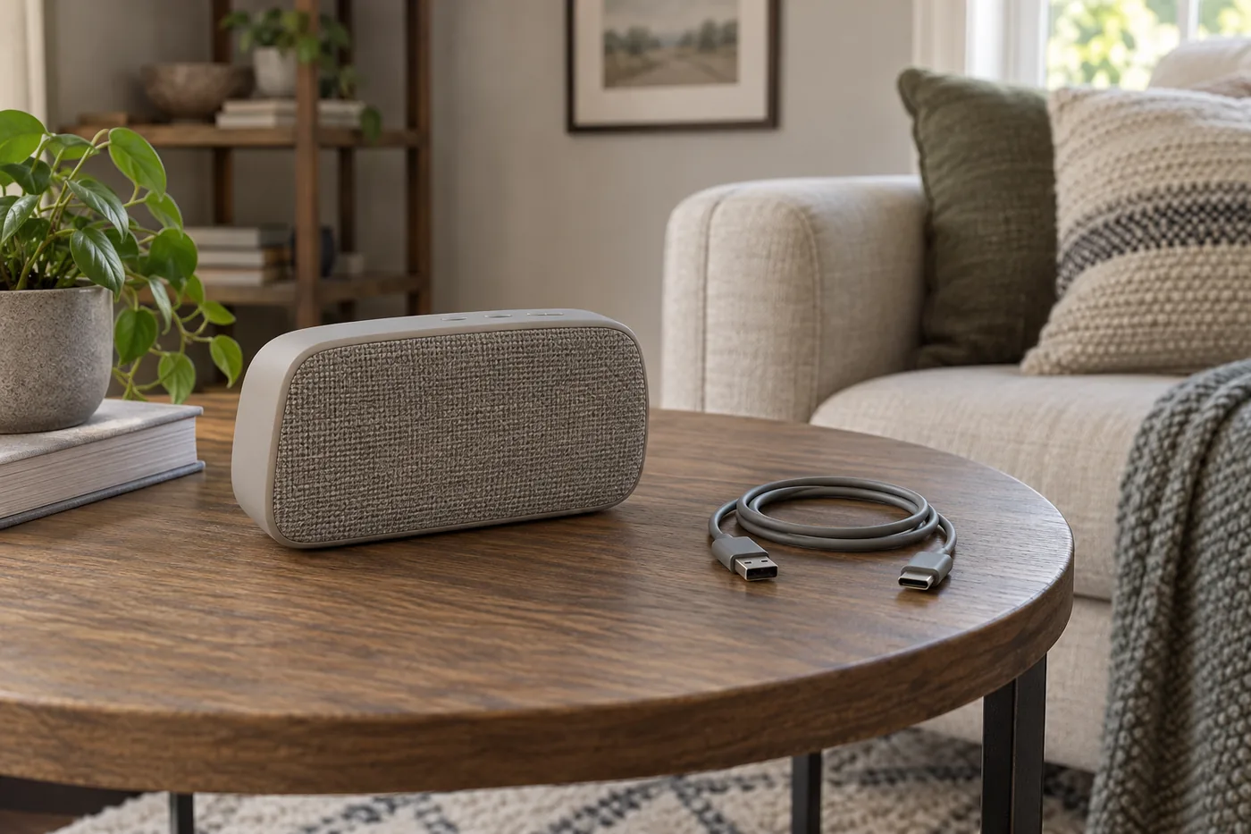 An unbranded portable Bluetooth speaker on a dry living-room side table beside a neatly arranged charging cable