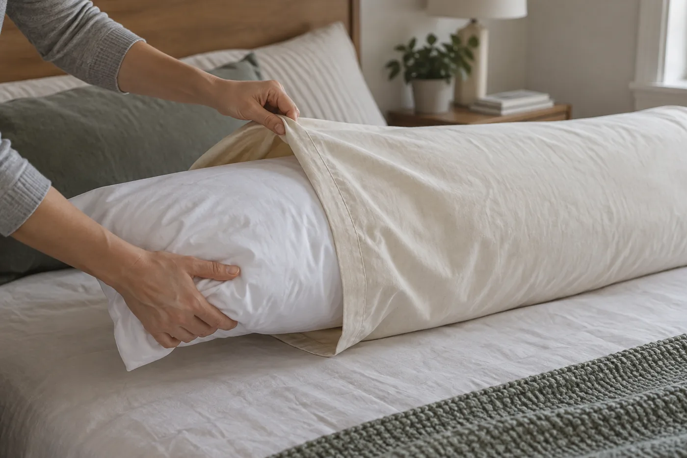 Hands fitting a clean plain pillowcase over a long body pillow beside a bed in an American apartment