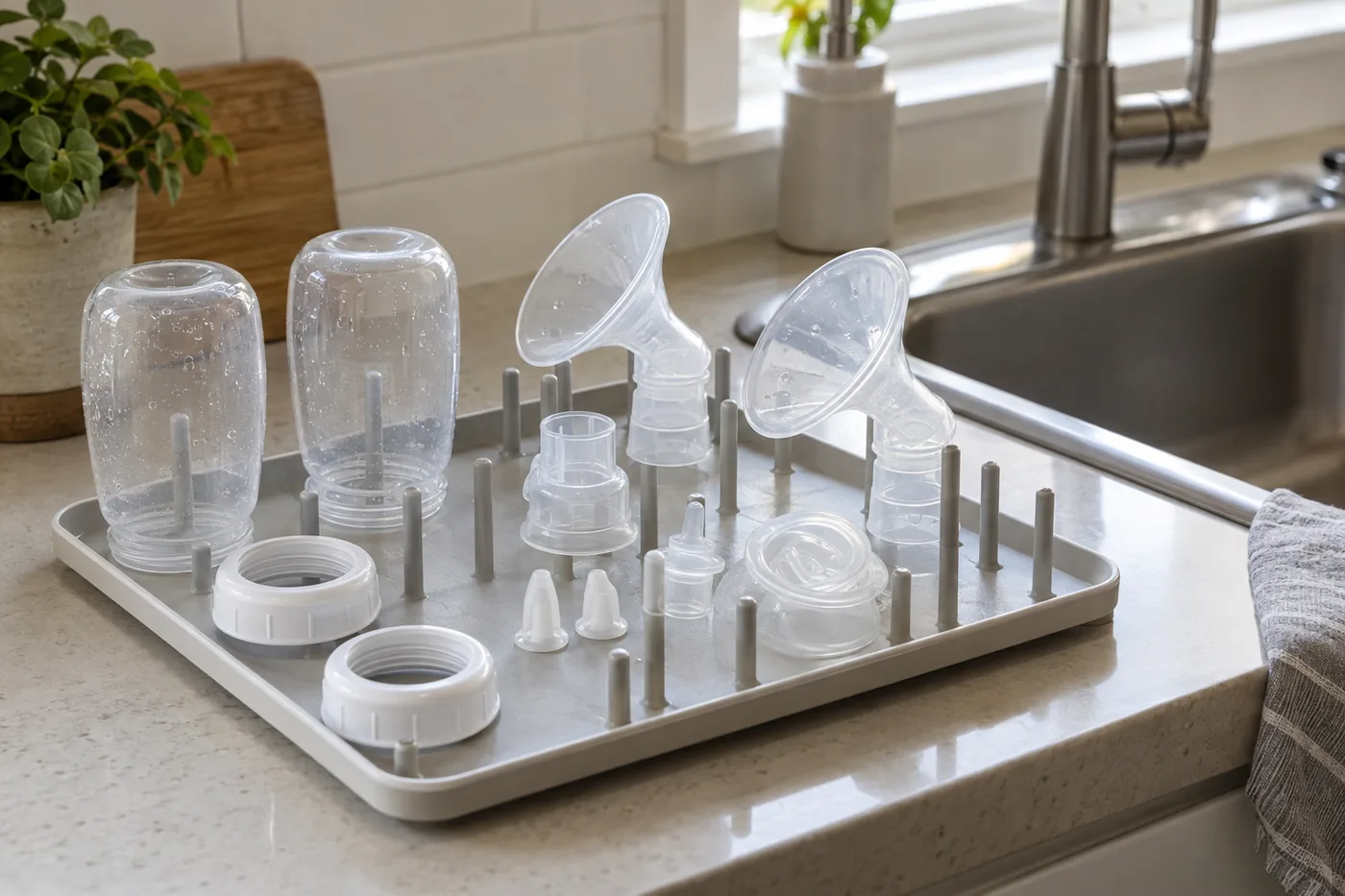 Separated bottles, collars, and pump parts on a generic drying rack beside a kitchen sink