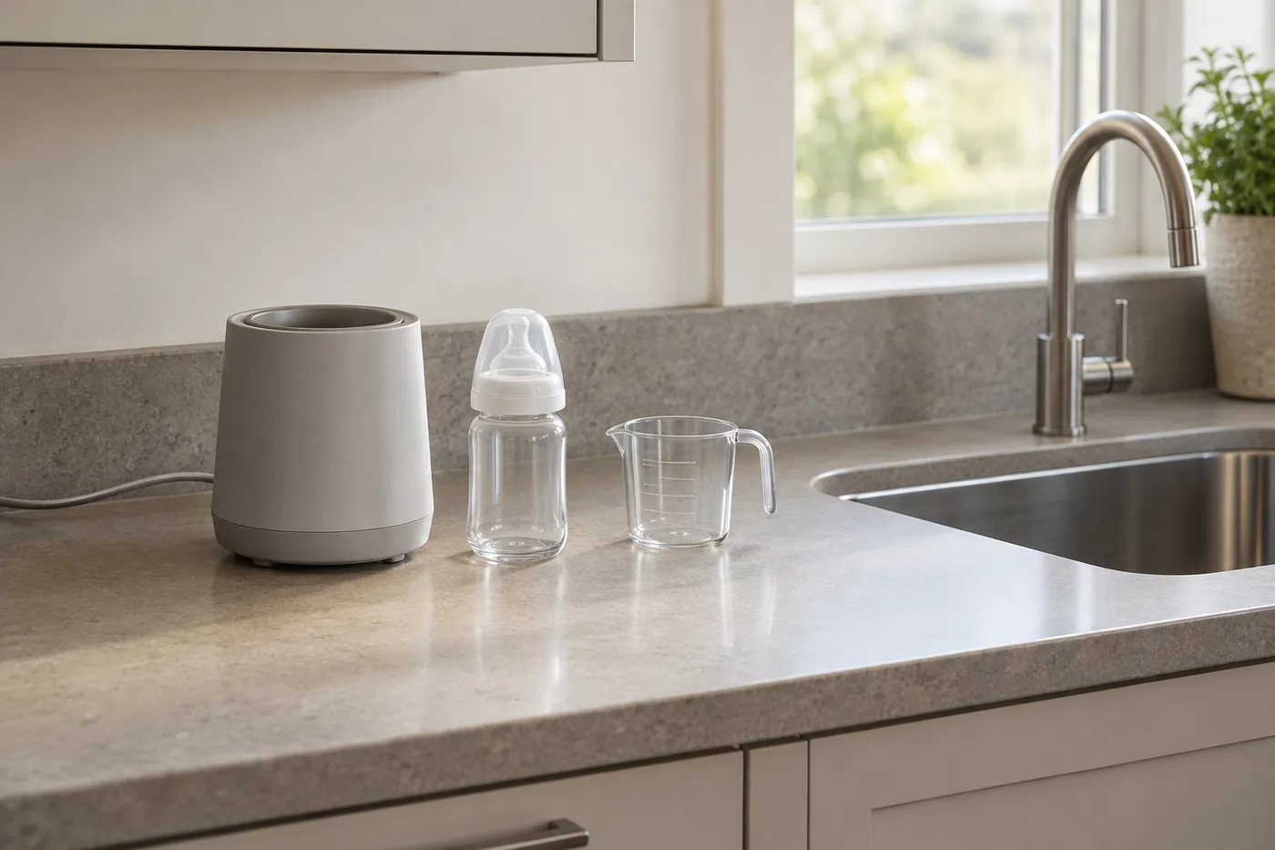 An American kitchen feeding station with an unbranded bottle warmer, a capped feeding bottle, and a measuring cup on a clear counter