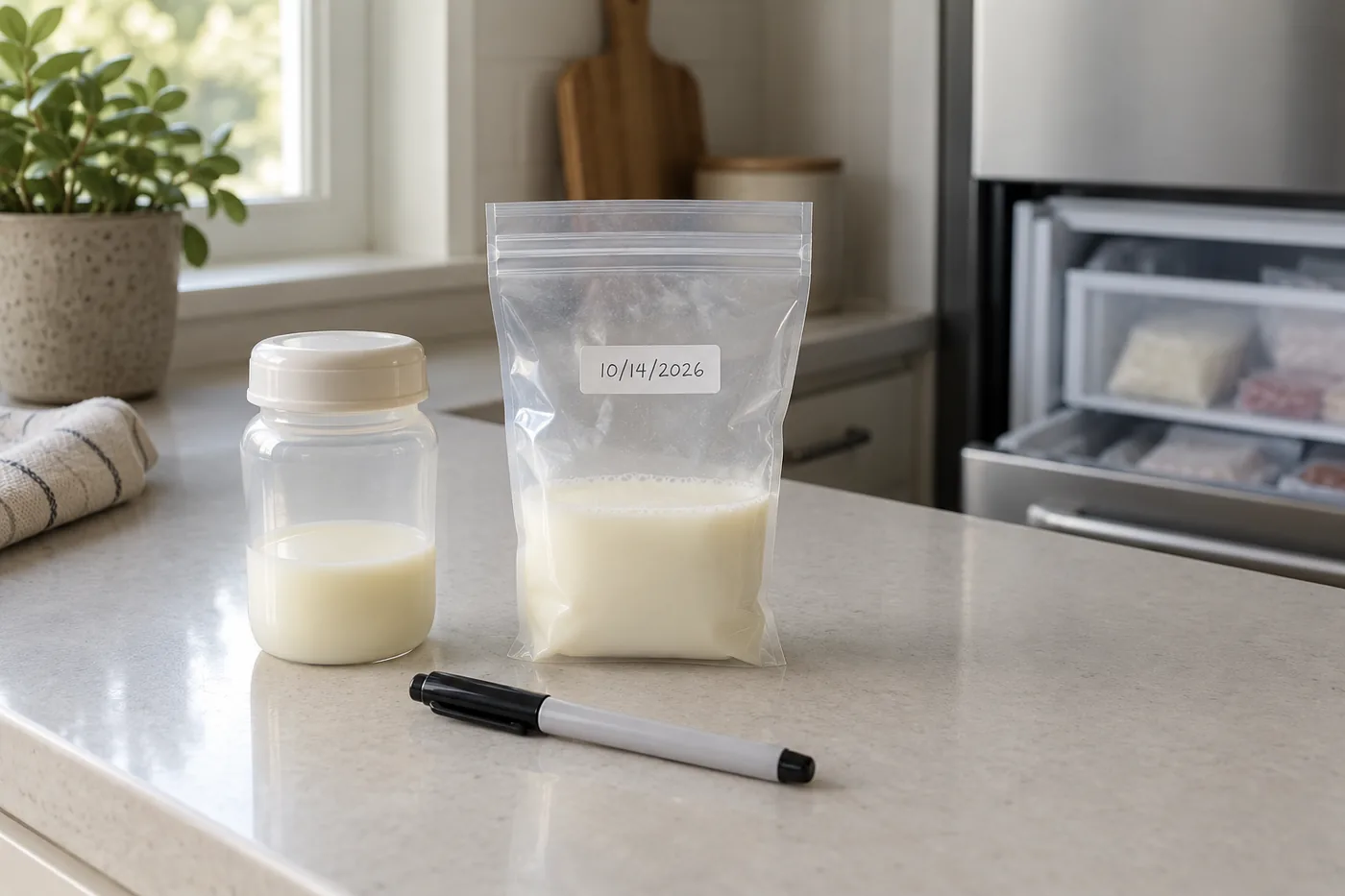 A labeled breast milk storage bag beside a collection bottle and marker on a clear kitchen counter in an American home