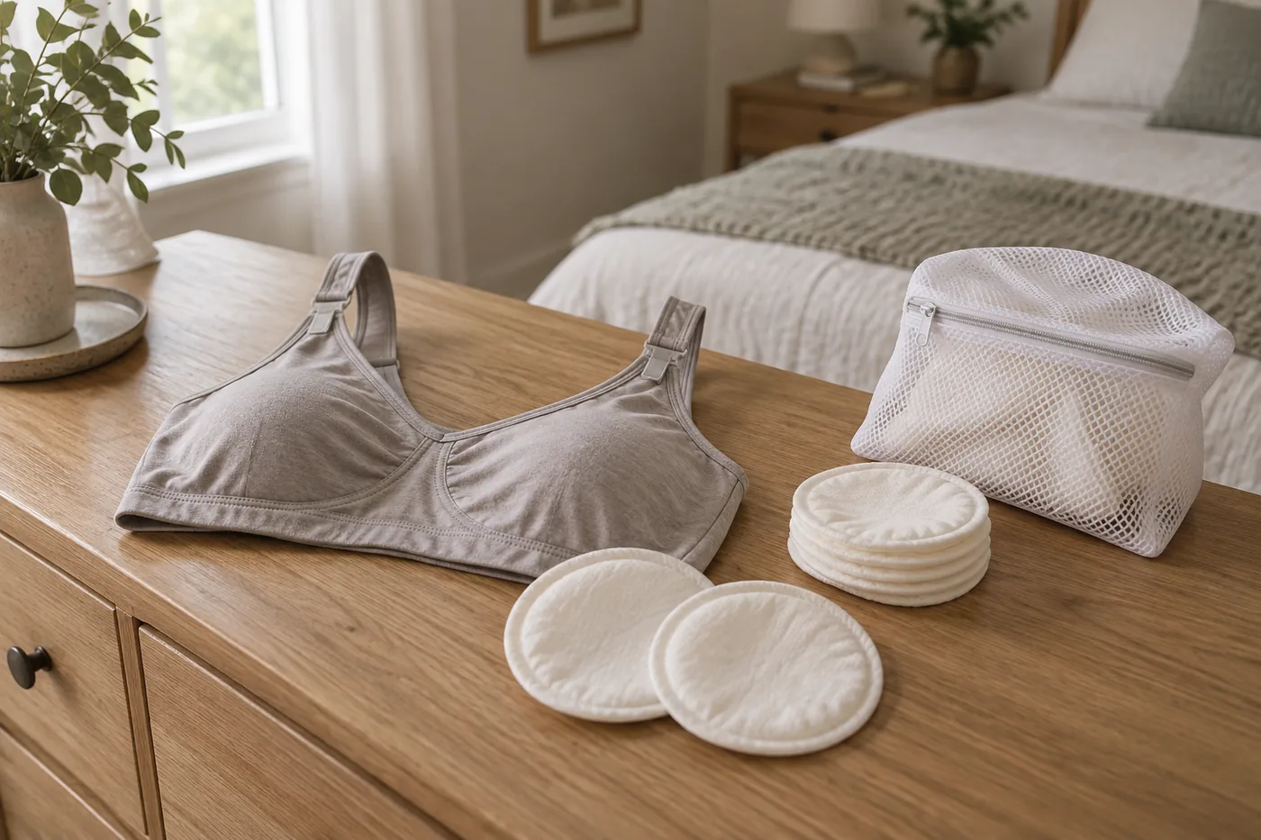 Nursing bra, plain breast pads, and clean replacements arranged on a dresser in an American bedroom