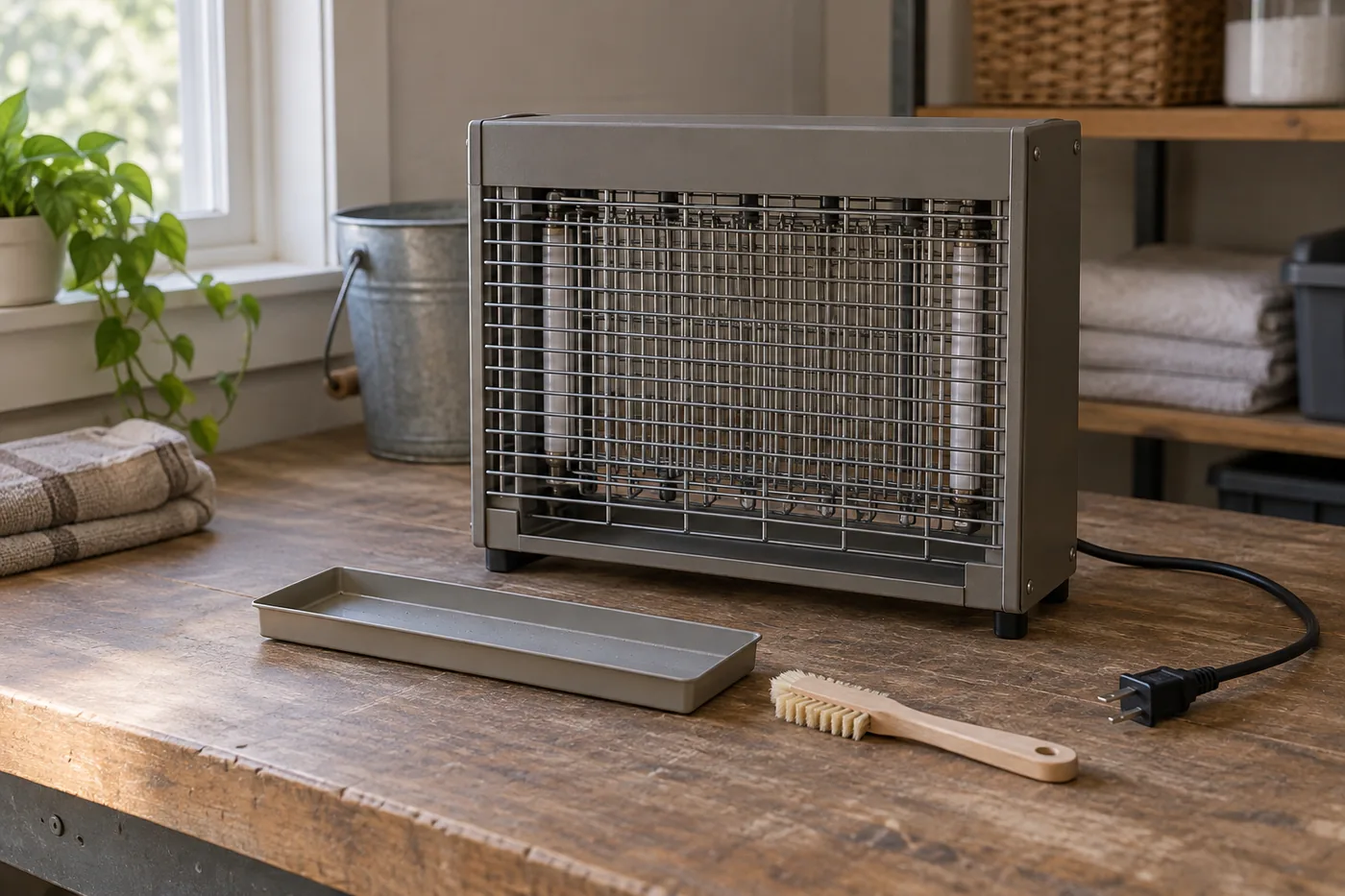 An unplugged generic indoor bug zapper beside its detached collection tray and dry brush on a utility-room work surface