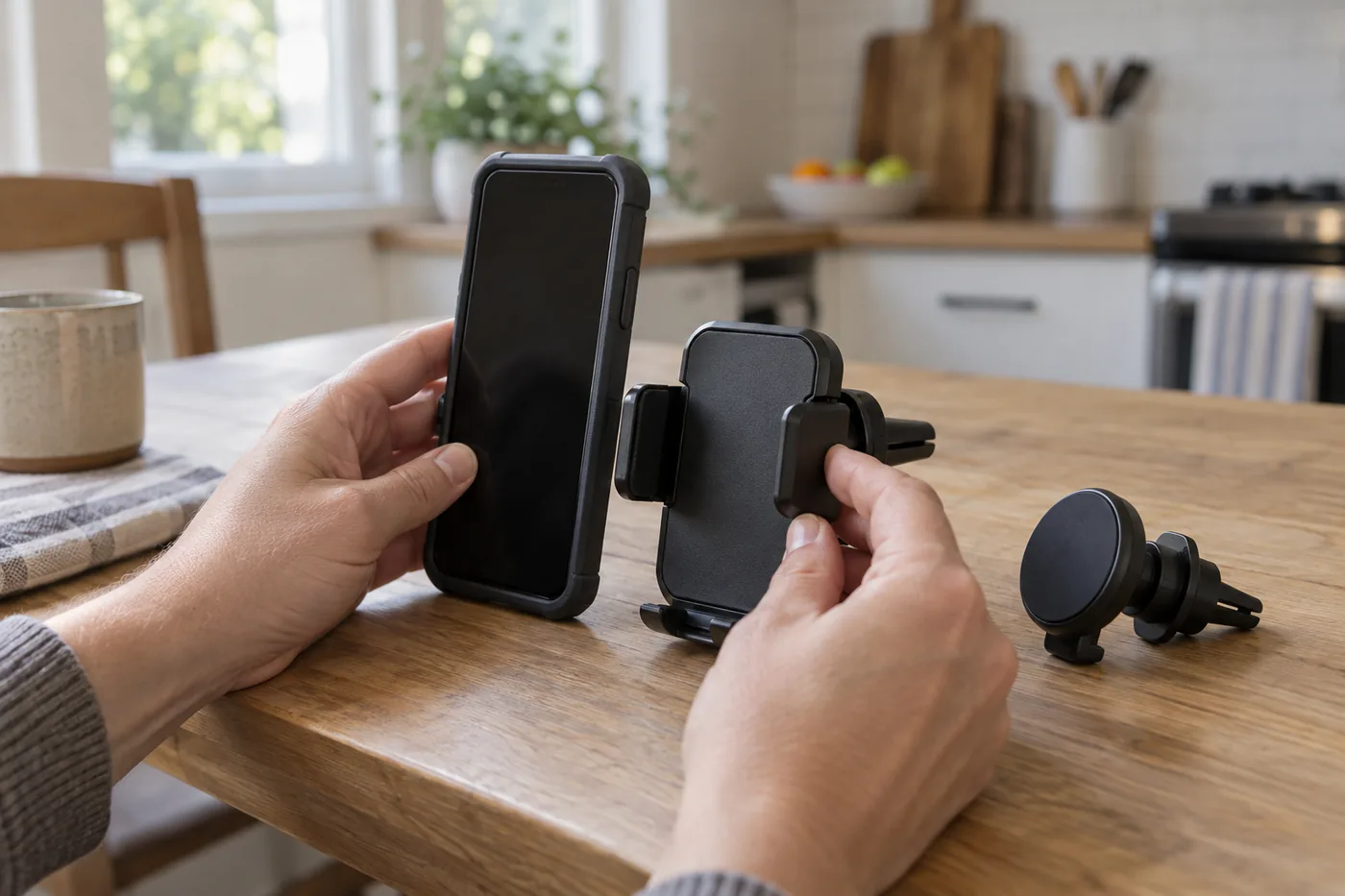 A phone in a thick case beside a generic vent cradle and magnetic mount on a kitchen table before car installation