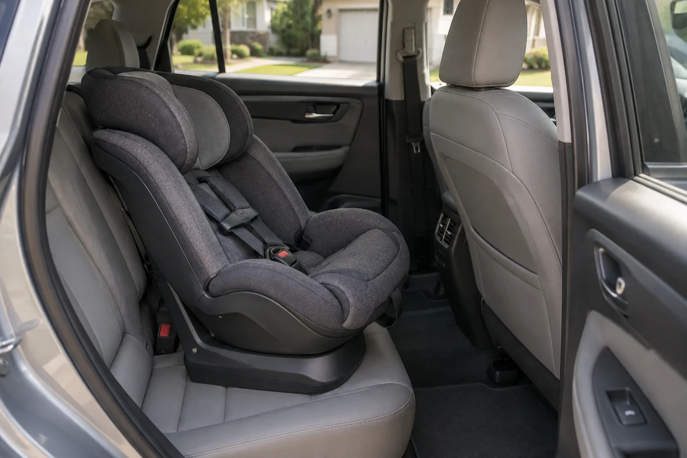 An empty convertible car seat in a parked family SUV beside an American home's driveway, with room to assess front-seat clearance and door access