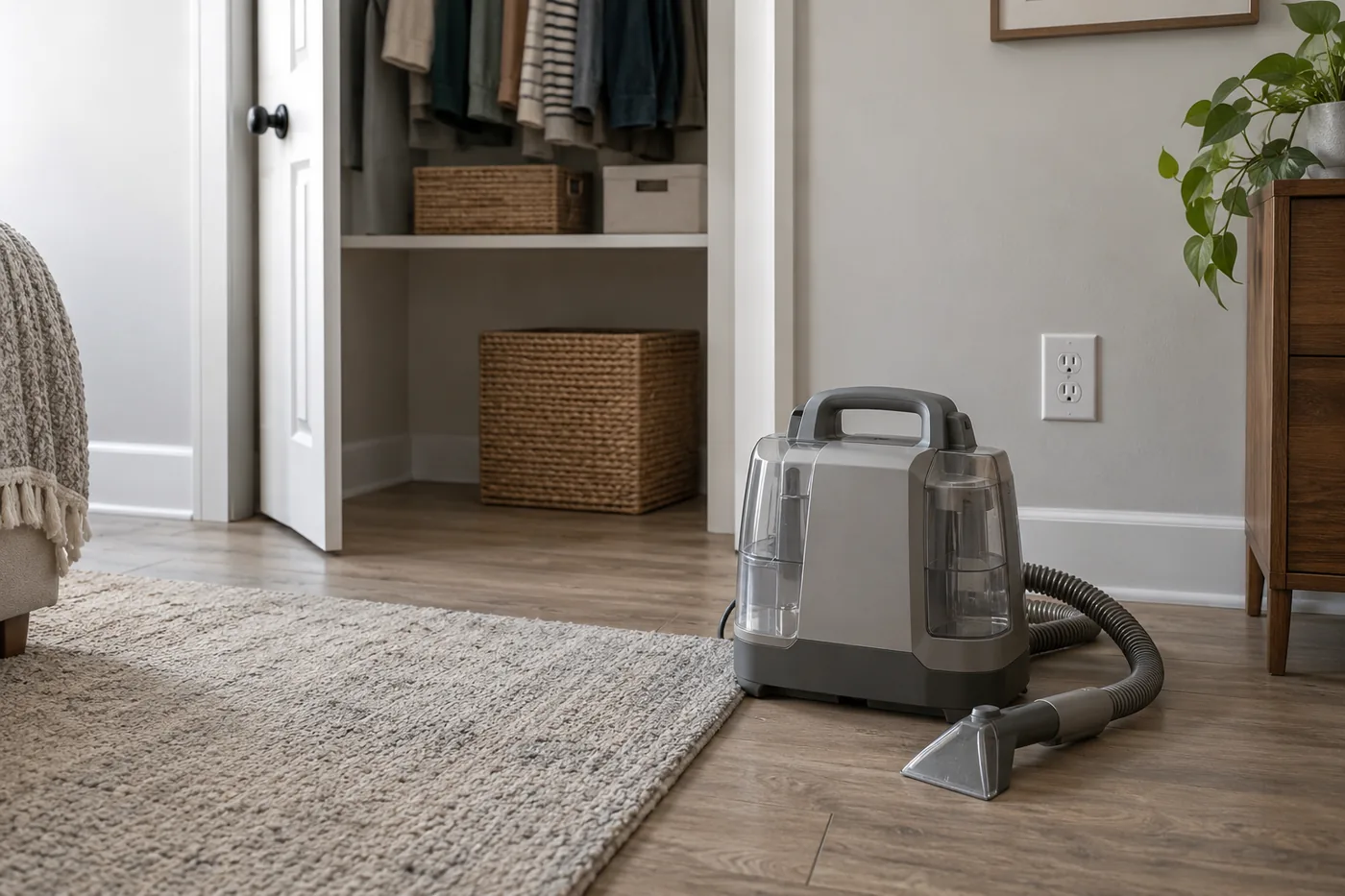 A portable carpet cleaner beside a small rug, with a closet shelf and nearby wall outlet in an American apartment